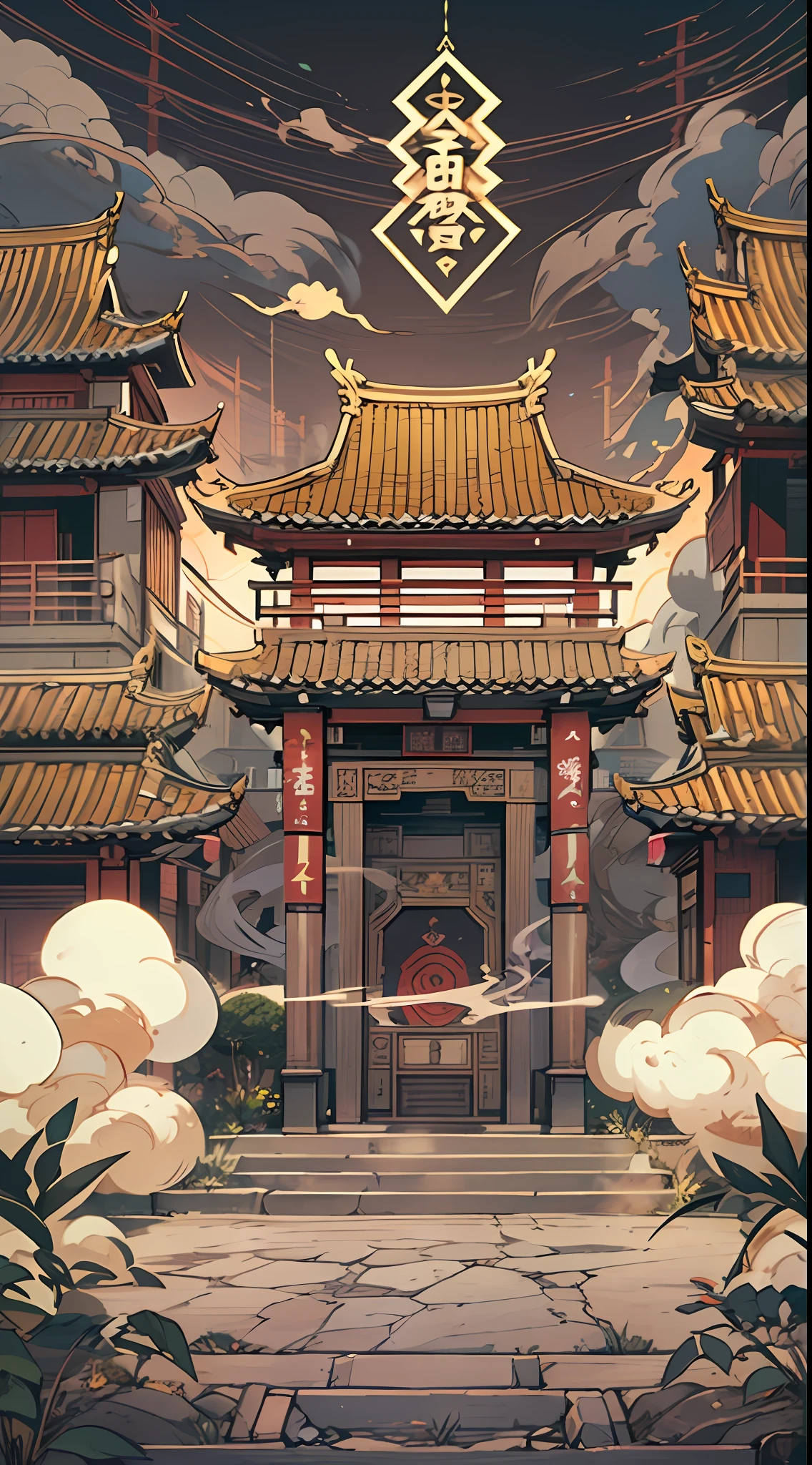 a picture of an asian building with a smoke coming from it, in the style of 2d game art, dark white and light gold, chinapunk, functionality emphasis, faith-inspired art, animated action, historical themes
