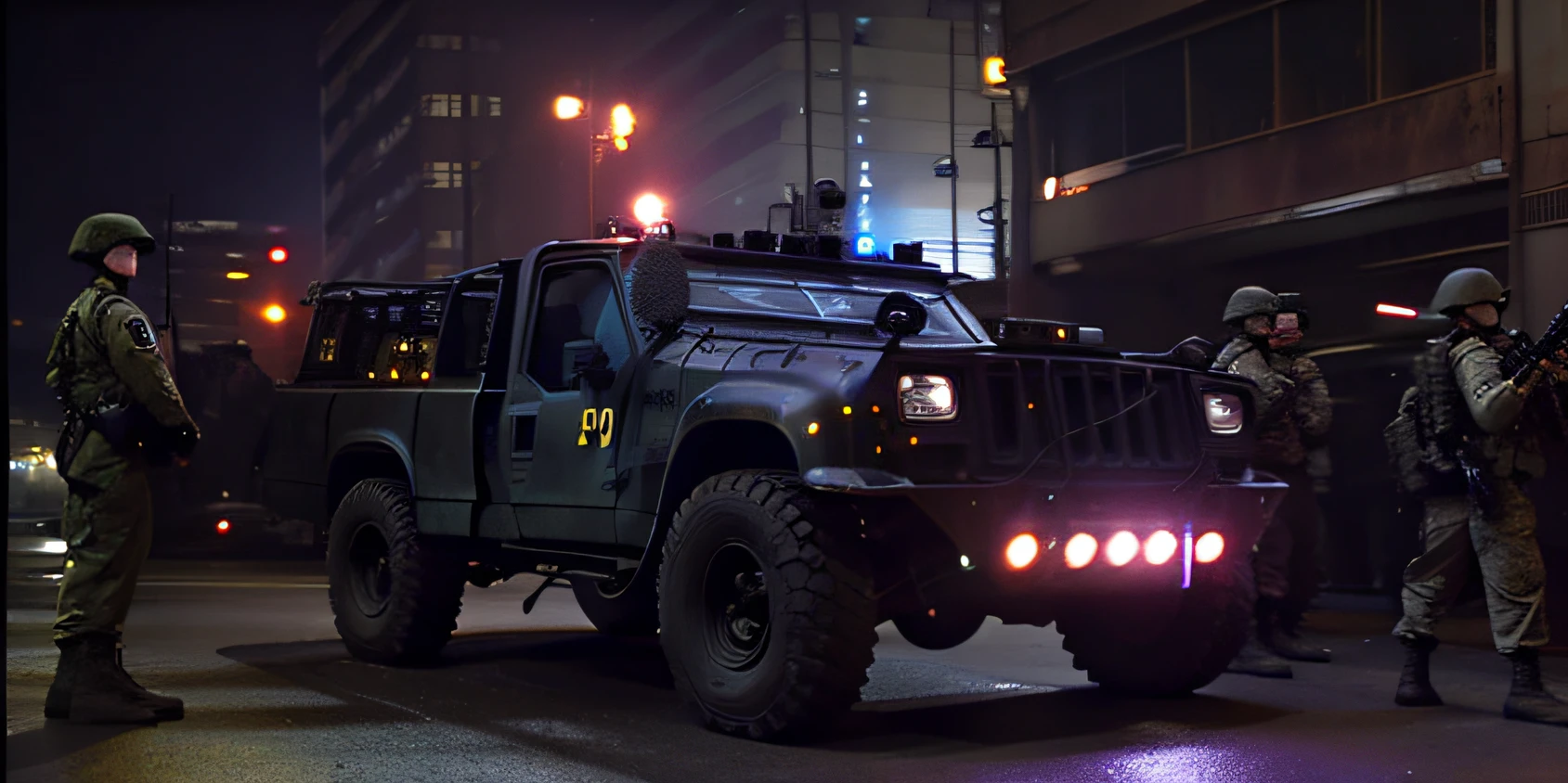 Soldiers stand around a black truck，There are lights on the truck, vfx powers at night in the city, shot from danis villeneuve movie, bladerunner car, Humvee, cinematic lighting at night, cinematic —ar 16:9, movie screencap, cinematic rim lighting, cinematic shot ar 9:16 -n 6 -g, perfect movie shot