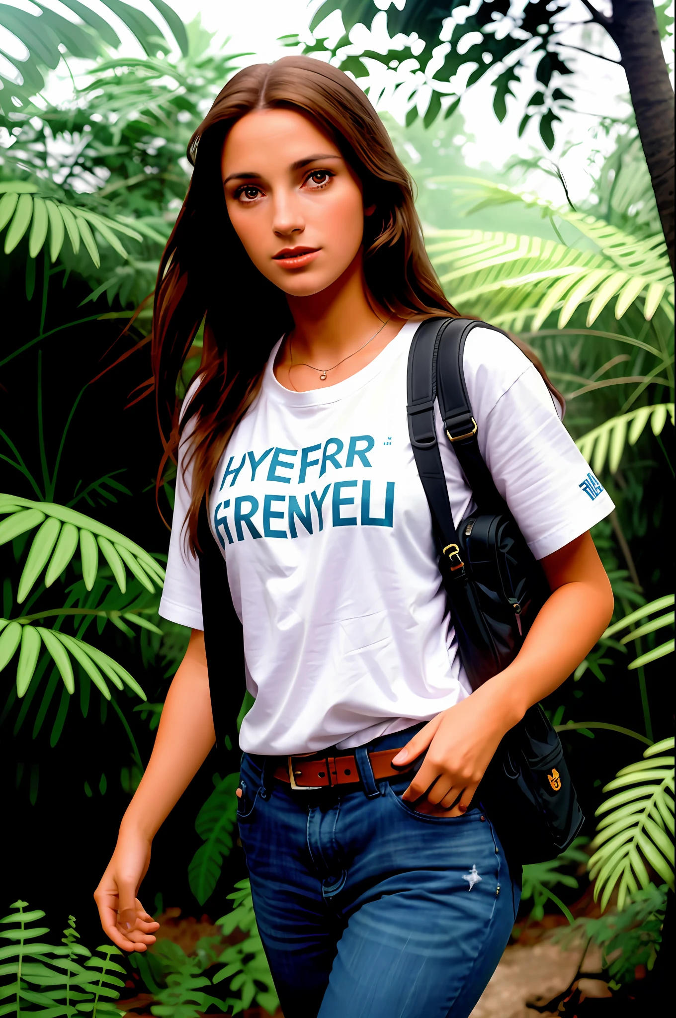 Adventurous girl, front image, walking in the jungle, full body, (intricate details), HDR, (intricate details, hyperdetailed:1.2), cinematic plane, centered, a beautiful cinematic masterpiece portrait of Tirkish girl with black weavy hair as lara croft from tomb raider, covered in dirt, treasure hunter, ((white basic teeshirt, full length shirt, tight torn jeans)), with a complex jungle background with ancient jungle ruins, by gil elvgren, by frank frazetta, by greg rutkowski, trending on artstation, featured on pixiv, hyper detailed, beautiful studio lights, intricate elegant digital painting, cinematic composition, dramatic pose, smooth, sharp focus, (((professional photography))),dappled light, romantic, HDR, highly detailed, hasselblad, 8k, hyper realistic, eye level shot, f1.4 aperture, 8mm film grain, cinestill 800, by Jean Paul Gaultier and Jules Bastien-Lepage and Stella McCartney, (((professional photography))),dappled light, romantic, HDR, highly detailed, hasselblad, 8k, hyper realistic, eye level shot, f1.4 aperture, 8mm film grain, cinestill 800