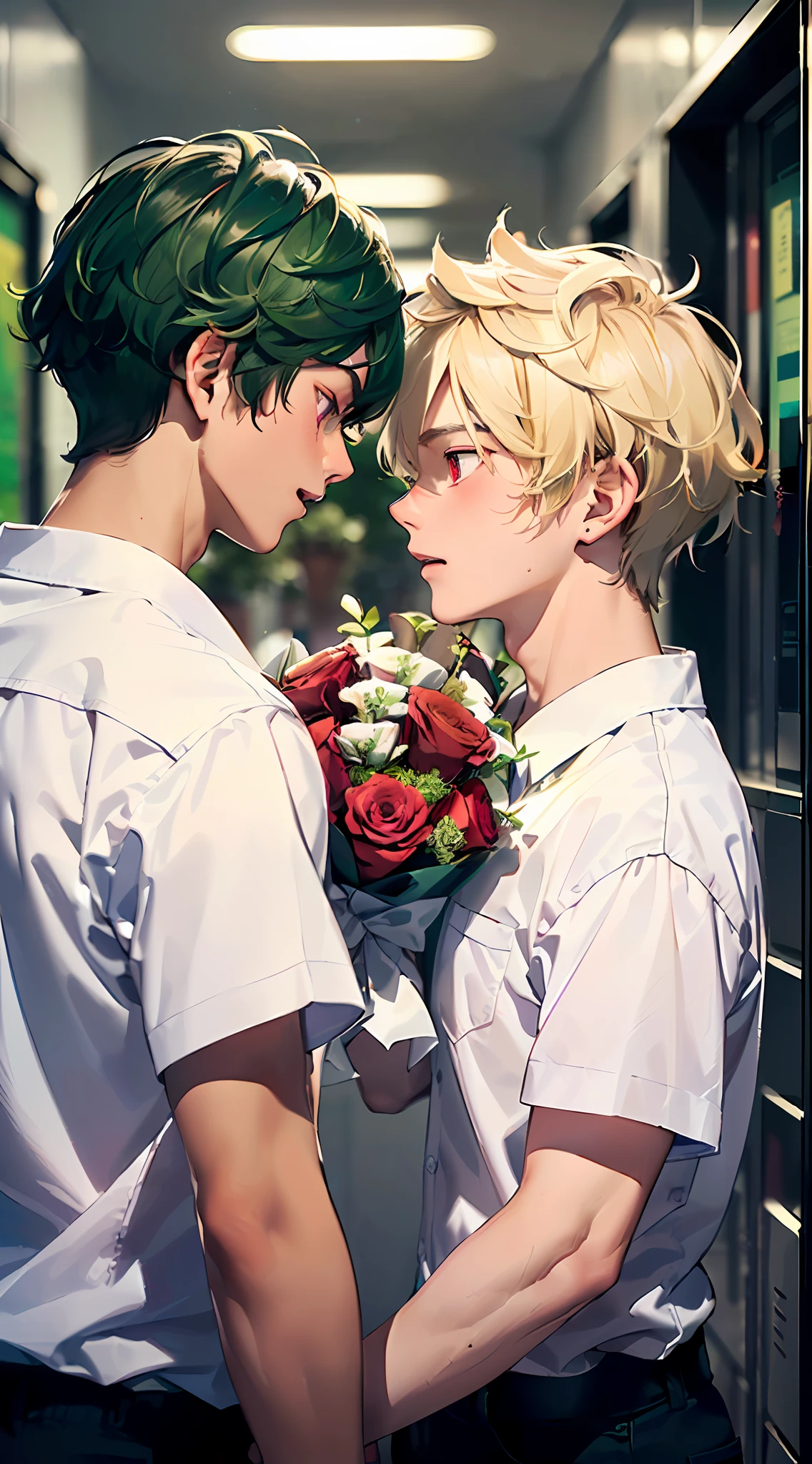 (top-quality:1.4、8K)、(-yeld gaouple facing each other:1.3)、(Cool Boy、Blonde spiked hair with red eyes and white shirt:1.2)、(Cute Boy、Short green hair and big eyes:1.2)、(Have a bouquet:1.4)、White shirt with short sleeves、校服、School Background、