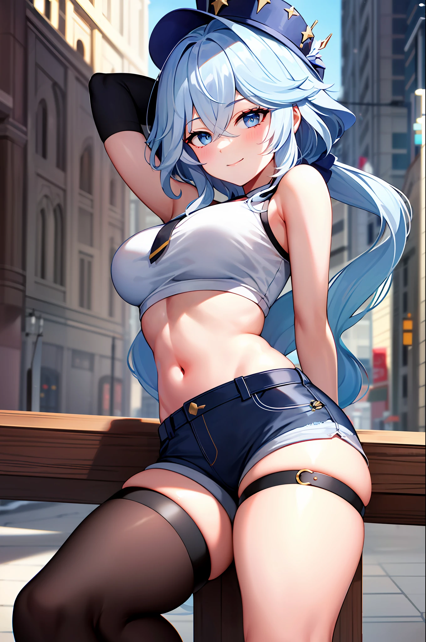 masterpiece, best quality, ultra-detailed), focalors \(genshin impact\), (blue sea hair), swept bangs, braid, braided bangs, blue eyes, blue eyes,
(wearing a t-shirt:1.2), sitting on a chair outside of caf, embracing the natural beauty, sunlight, beautiful cloudy sky, city, street, denim shorts, black stocking,
medium breasts, thick thighs, critical angle, cowboy shot, arm behind head, arm behind back, armpits, light smile, crop top, strong and seductive expressions