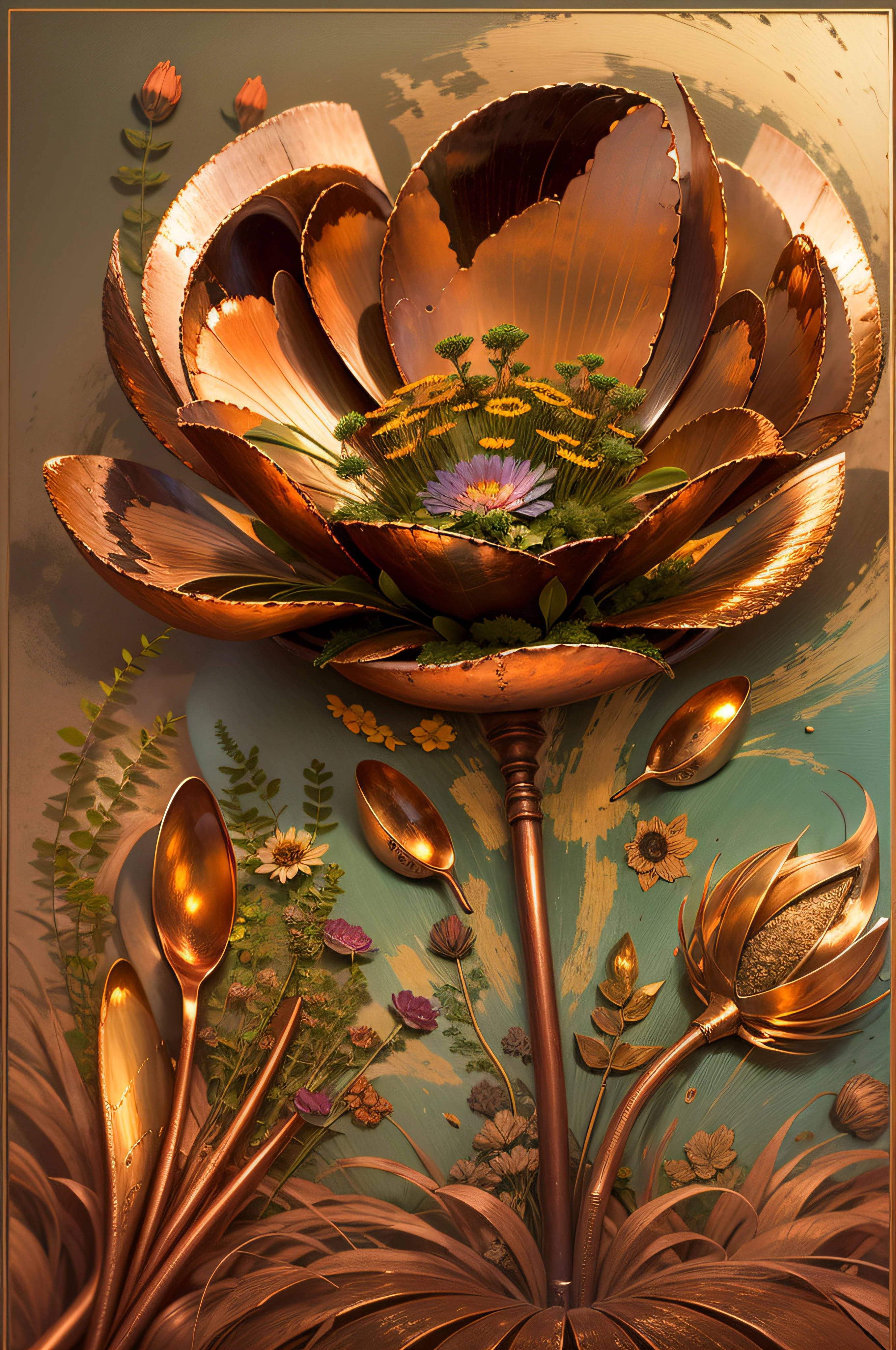 a copper flower opened, a drop of sunset is borning ::5 in style of philosophy surrealism ::4 surrealistic art, 32k, excellent quality, hyper-detailed