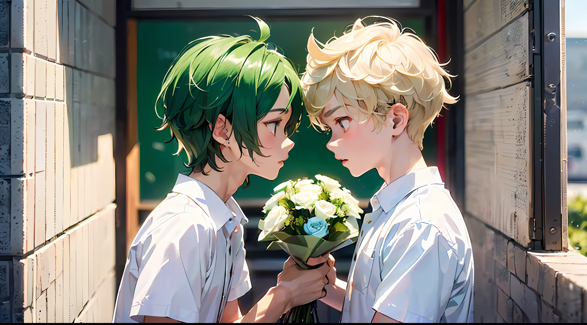 (top-quality:1.4、8K)、(-yeld gaouple facing each other:1.3)、(Cool Boy、Blonde spiked hair with red eyes and white shirt:1.2)、(Cute Boy、Short green hair and big eyes:1.2)、(Have a bouquet:1.4)、White shirt with short sleeves、校服、School background、