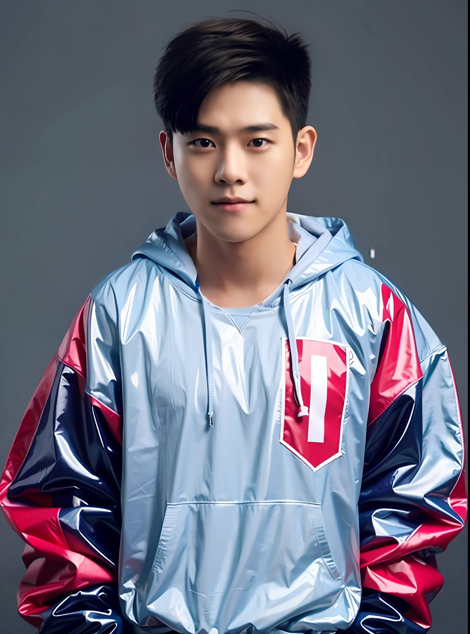 Chinese male high school student,Wearing a blue PVC sweatshirt