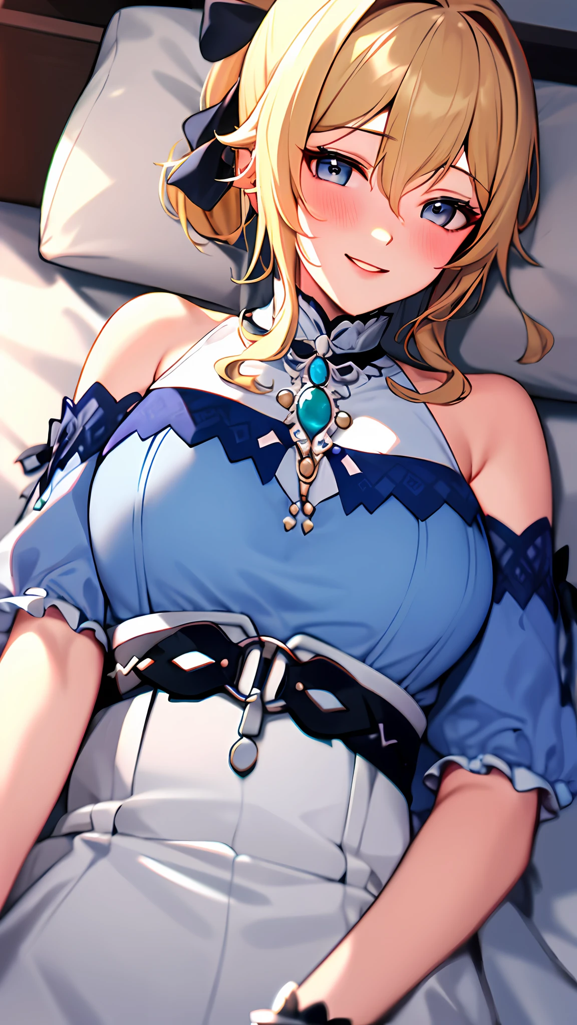 Masterpiece, highres, best quality, jeanseabreeze, upper body, smile, blush, bed, bedroom, lying, lying on bed, blonde hair, looking at viewer,