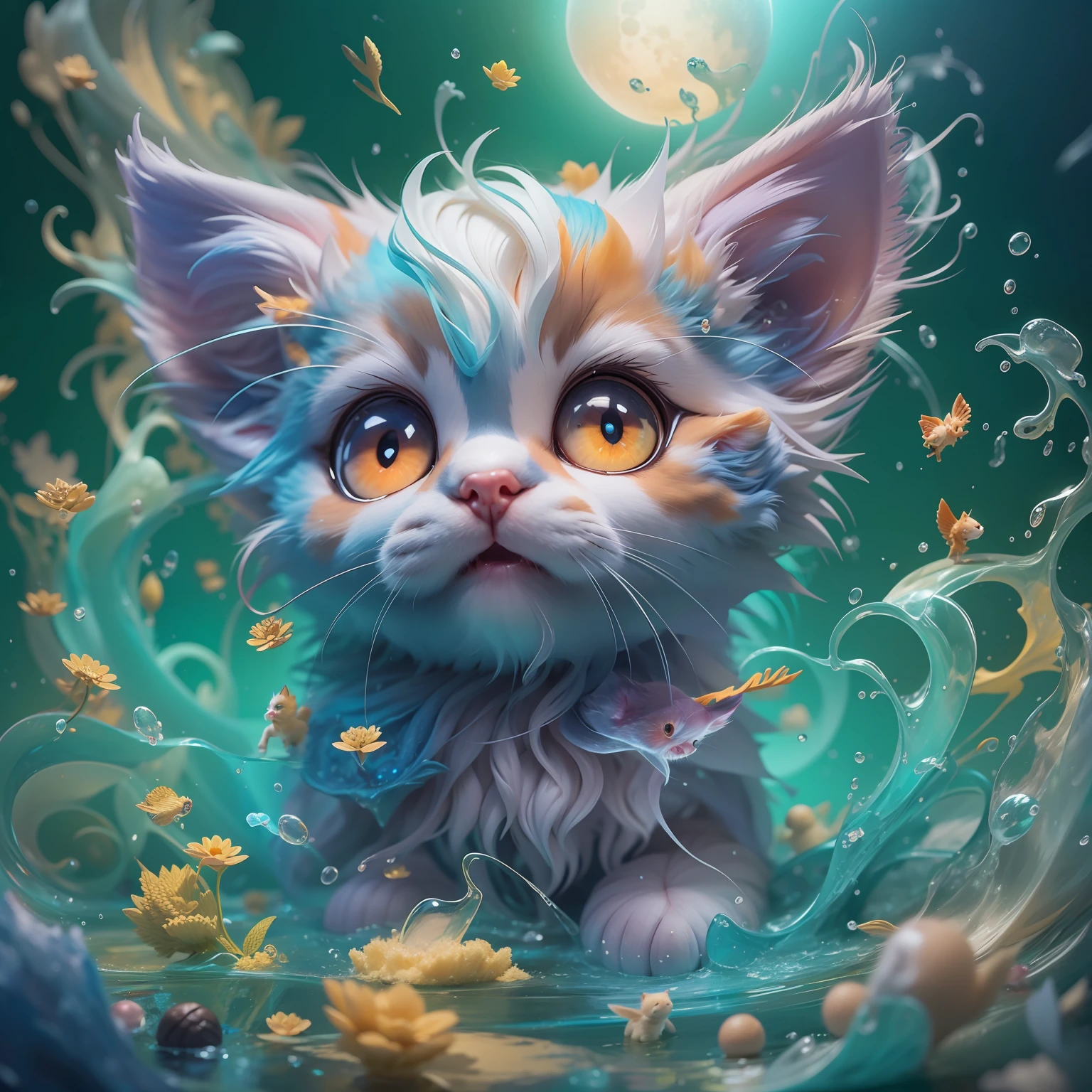 splash art, Liquid cute kitten puppies made of color, hyperdetailed intricately detailed, fantastical, intriciate detail, complementary colours, Fantasy, Concept Art, in 8k resolution, moonlit glow
