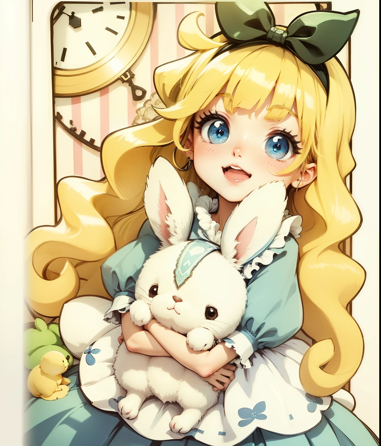 alta mega qualidade, detalhes insanos, alta resolução, Detail resolution, 8k, obra-prima, 8k, menina fofa, anime, cabelos longo cacheado, olhos azuis, sorrindo, noose on the head, vestido azul com renda branca, segurando um coelho branco, Soft stuffed rabbit, coelho brando de colete vermelho, clock in the background, cute, anime, highes definition --auto
