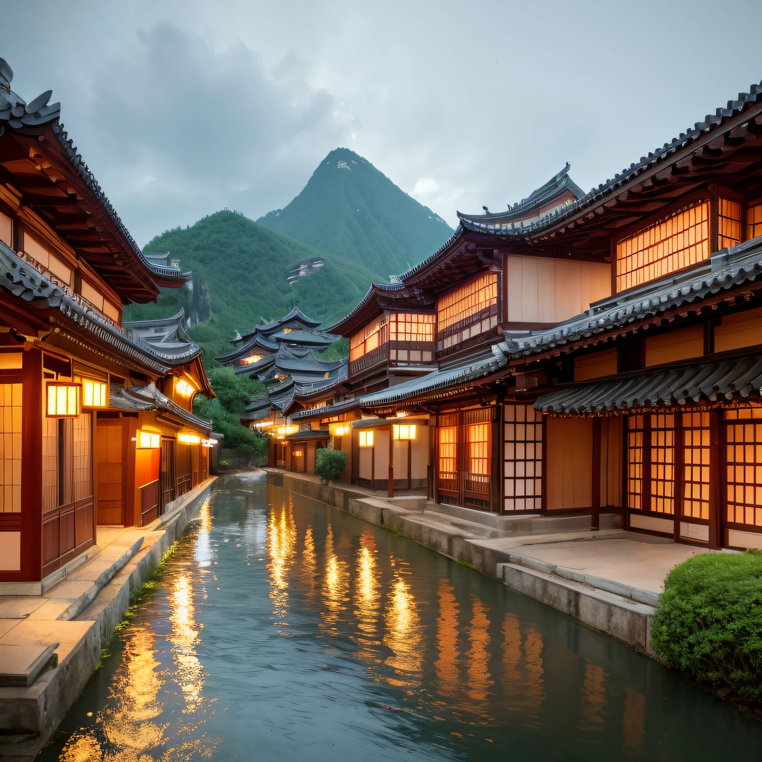 arafed view of a village with a lot of lights on the buildings, dreamy chinese town, chinese village, amazing wallpaper, japanese town, japanese village, hyper realistic photo of a town, old asian village, japanese city, by Raymond Han, rainy evening, cyberpunk chinese ancient castle, beautifully lit buildings, at evening during rain, beautiful and aesthetic, photography, cinematic, 8k, high detailed ((Heavy rain))) --auto