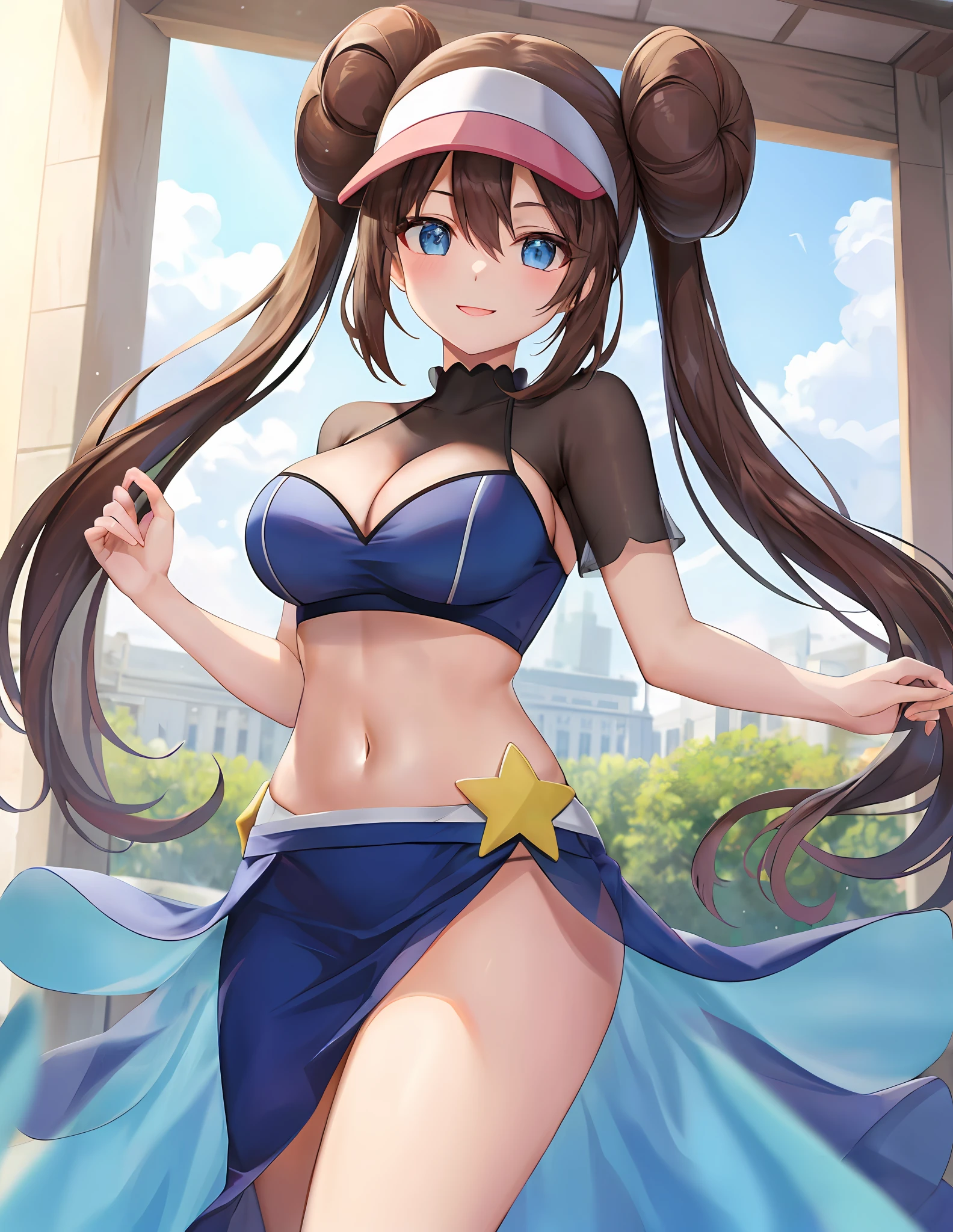 (masterpiece:1.3), (absurdres:1.3), (best quality:1.3), (ultra-detailed:1.3),(best shadow:0.7), (handled hair), perfect anatomy, 1girl, solo, rosa(pokemon), double bun, visor cap, hair bun, long_twintails, brown hair, blue eyes, hair between eyes, large breasts, sightly smile, nuisette, wearing a nuisette, see-through, see-through silhouette, revealing clothes,