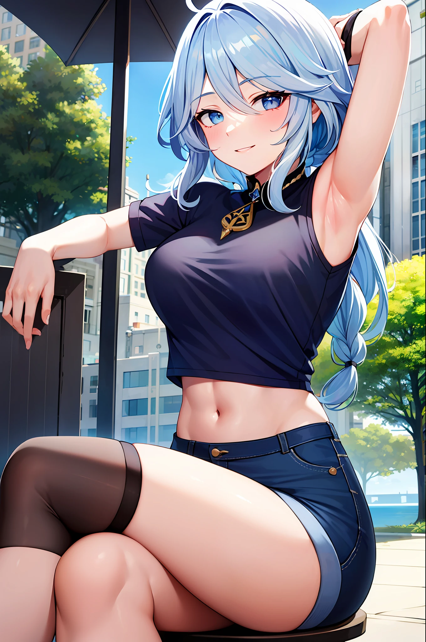 masterpiece, best quality, ultra-detailed), focalors \(genshin impact\), (blue sea hair), swept bangs, braid, braided bangs, blue eyes, blue eyes,
(wearing a t-shirt:1.2), sitting on a chair outside of caf, embracing the natural beauty, sunlight, beautiful cloudy sky, city, street, denim shorts, black stocking,
medium breasts, thick thighs, critical angle, cowboy shot, arm behind head, arm behind back, armpits, light smile, crop top, strong and seductive expressions