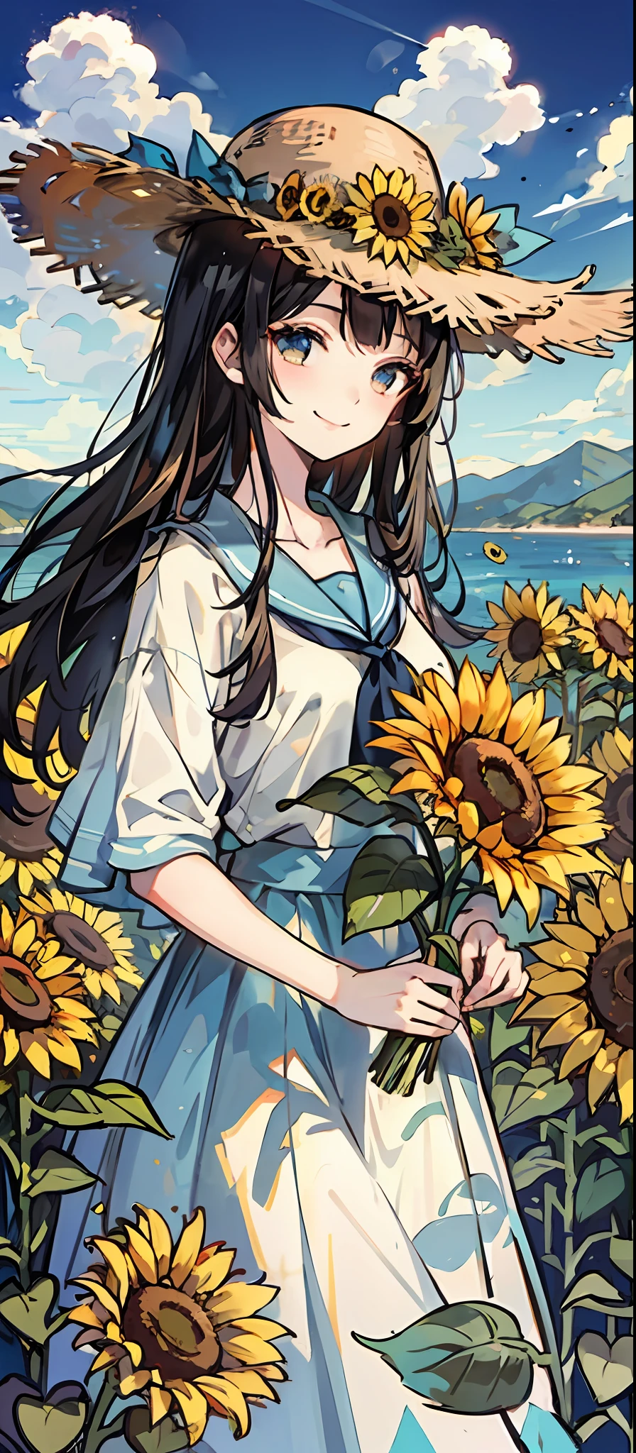 Sunshine, smiling, girly, holding sunflowers, sea of flowers, hat, long hair, blue distant mountains