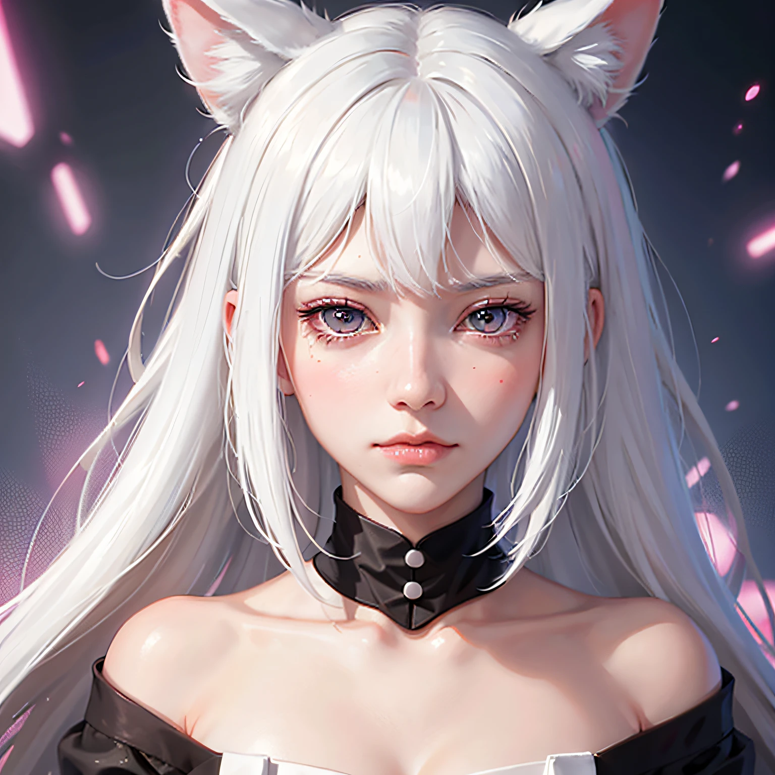 nakeness, white hair, dilated pupils, kemonomimi mode, blush, frown, anime, dithering, dithering, UHD --auto