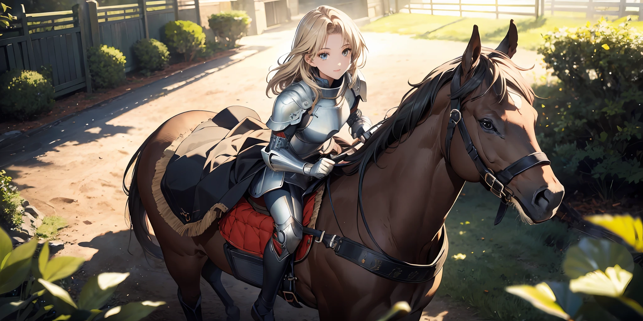 Horseback riding at a horse farm, A high resolution, (巨作:1.4), A highly detailed, 1girll, From above, space, Floating, Noble knight armor, Sharp focus, (Cinematic lighting), (1girll), Slight smile