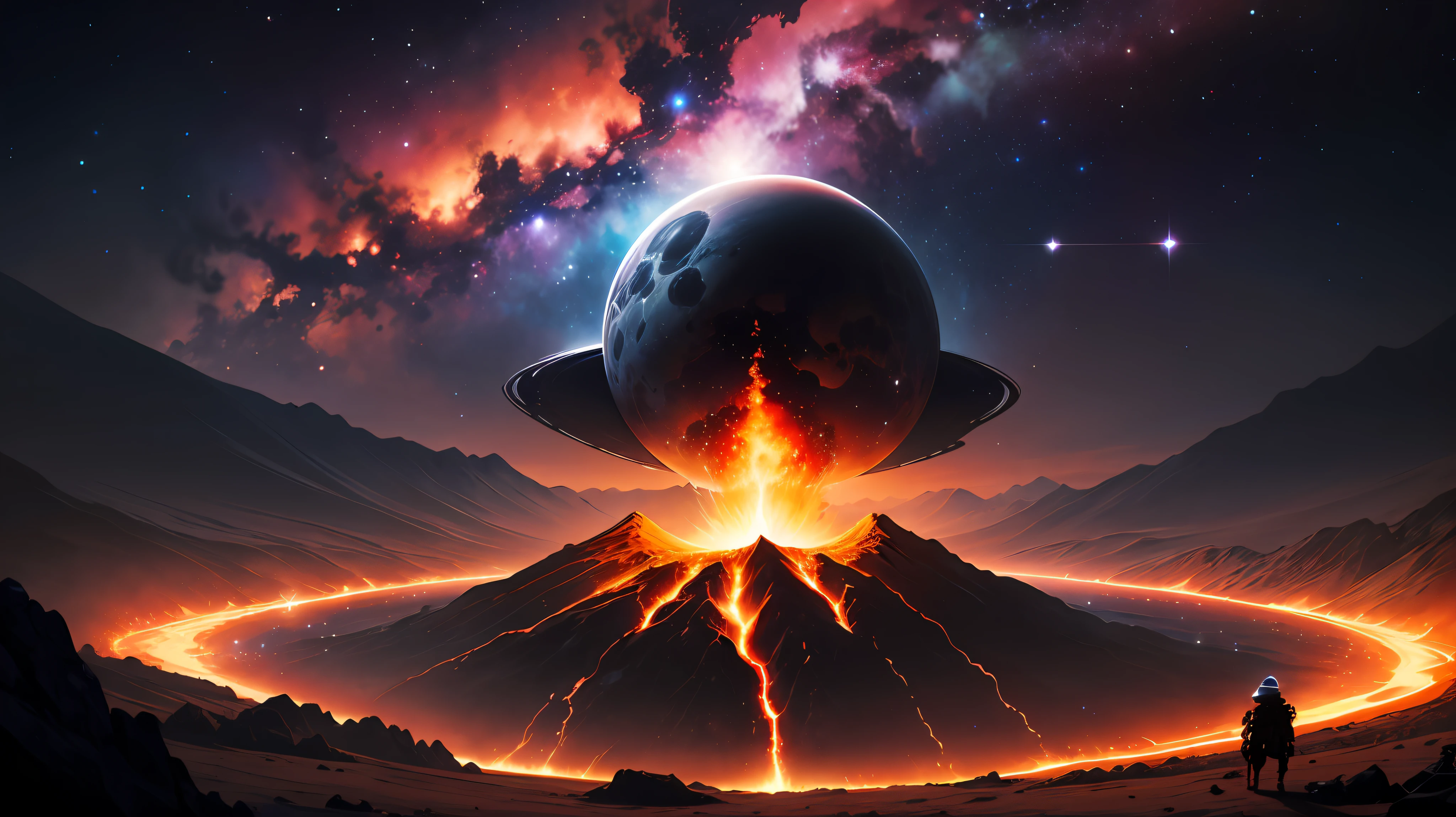 Black holes in the distance are ravaging the Milky Way，Located in space，Deep starry sky，the boundless universe，mistic，fantasy，erupting volcano，It's full of danger，There was magma everywhere --auto