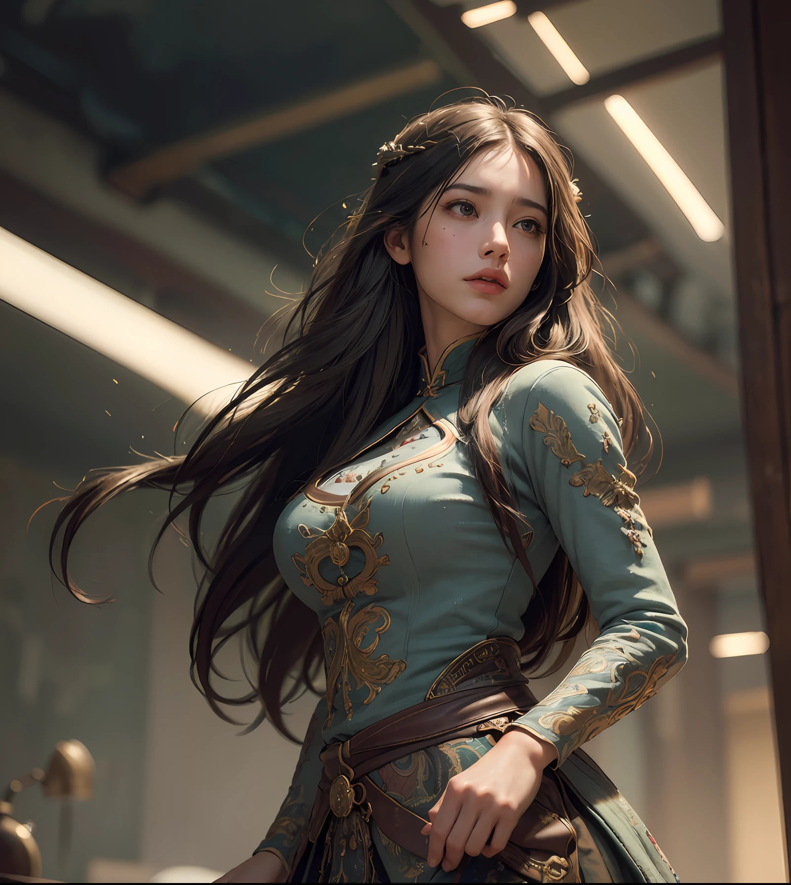 (RAW photo, best quality), (realistic, photo-realistic:1.3),best quality,highly detailed,masterpiece,ultra-detailed,illustration,1girl,upper_body,dynamic angle,world masterpiece theater,messy_long_hair,best quality,extremely detailed CG unity 8k wallpaper,ink,Amazing,cinematic lighting,lens_flare,,dunhuang_style