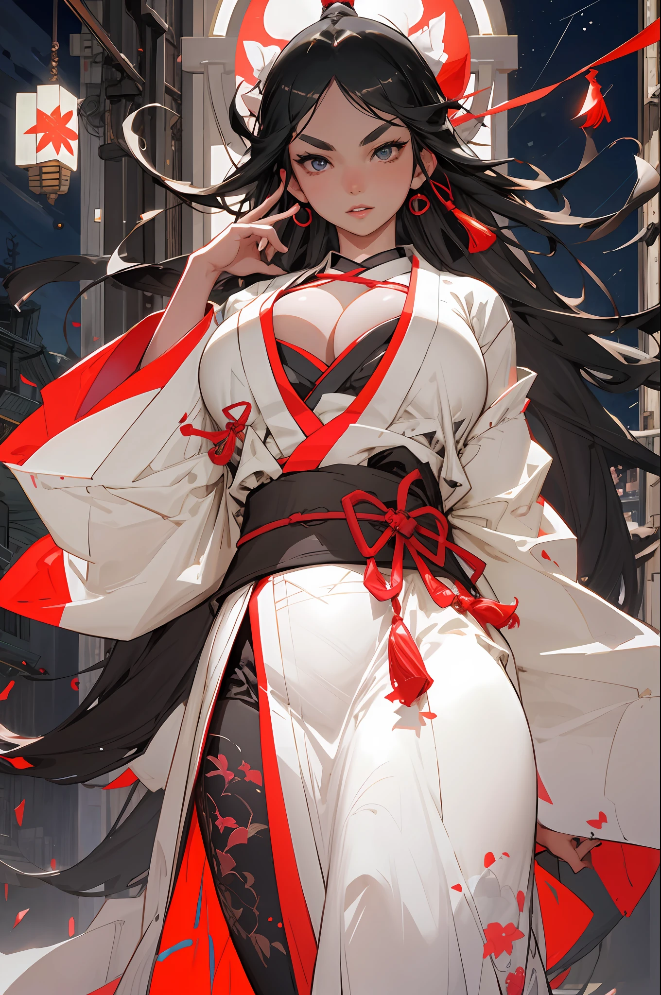 (Night:1.7), Japan, Tokyo, CityView, Before the Window, Standing, (White_kimono:1.3), cleavage, black_hair, long_hair, hair_pulled_back,parted_lips,purple_eyes, braid, 1 girl, 24yo, mature female, beautiful finger, beautiful long legs, beautiful body, beautiful nose, beautiful character design, perfect eyes, perfect face, looking at the viewer, in the center of the image, NSFW, official art, extremely detailed CG unit 8k wallpaper, perfect lighting, colorful, Bright_Front_face_Lighting, (masterpiece: 1.0), (best_quality: 1.0), ultra high res, 4K, ultra-detailed, photography, 8K, HDR, highres, absurdres:1.2, Kodak portra 400, film grain, blurred background, bokeh:1.2, lens flare, (vibrant_color:1.2) (Beautiful,large_Breasts:1.4), (beautiful_face:1.5), (narrow_waist),