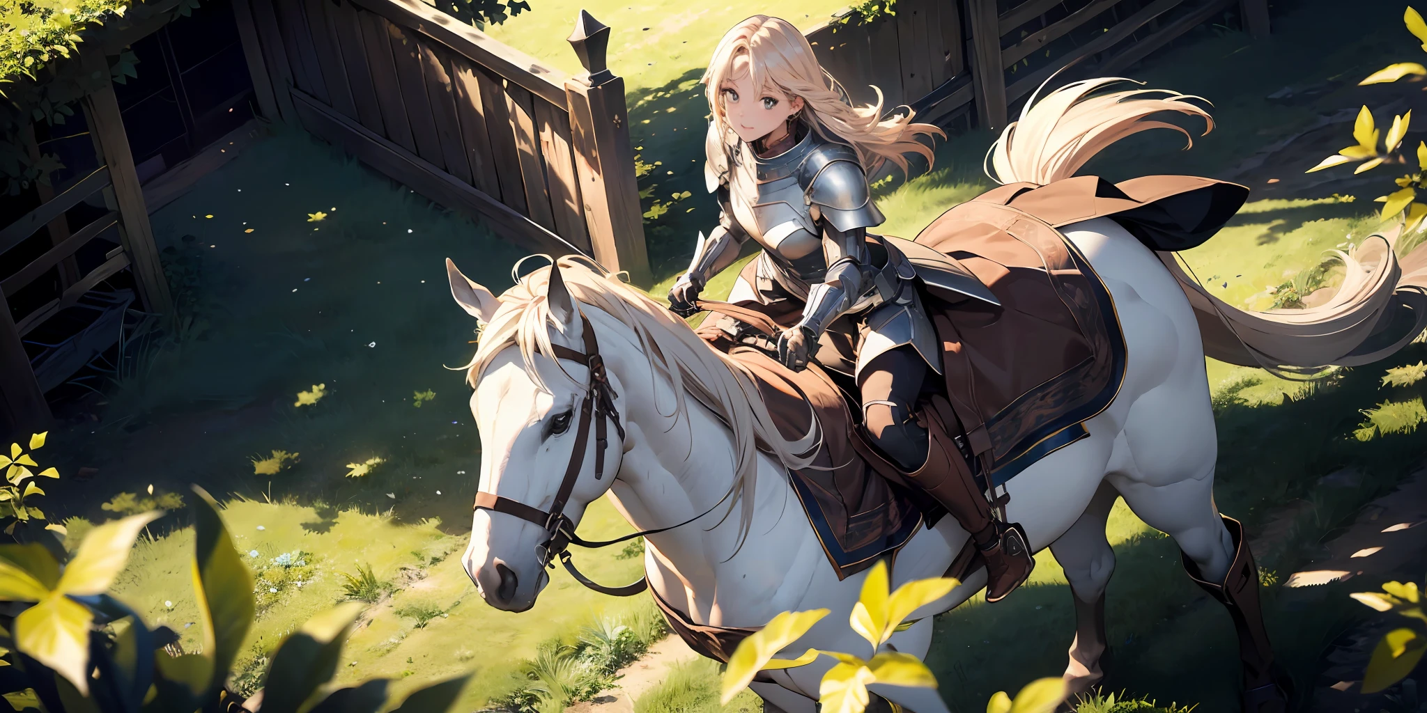 Horseback riding at a horse farm, A high resolution, (巨作:1.4), A highly detailed, 1girll, From above, space, Floating, Noble knight armor, Sharp focus, (Cinematic lighting), (1girll), Slight smile