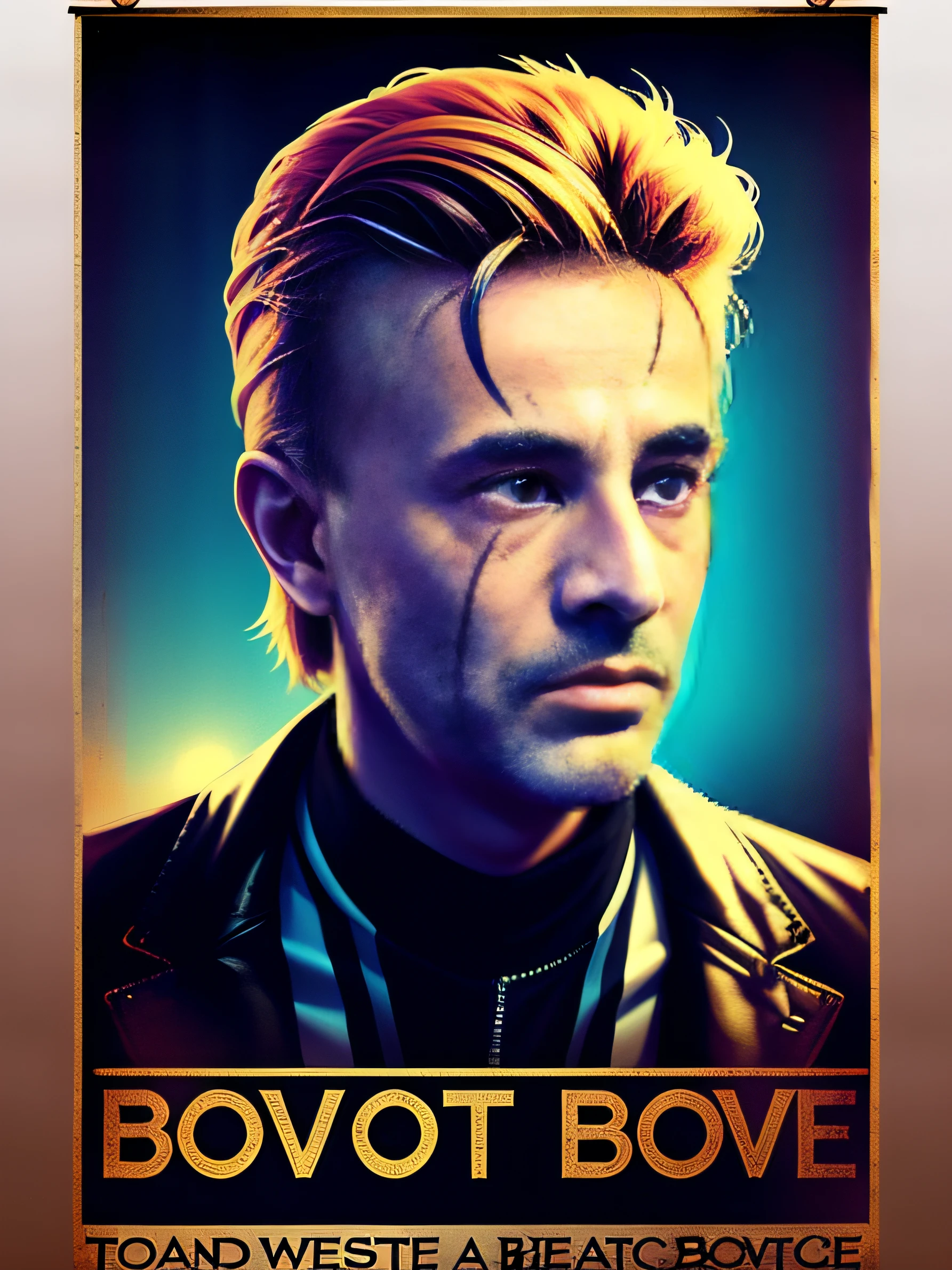 DAVID BOWIE, VHS effect, (poster:1.6), standing at a piano, nostalgia, movie poster, portrait, close up (skin texture), intricately detailed, fine details, hyperdetailed, raytracing, subsurface scattering, diffused soft lighting, shallow depth of field, by (Oliver Wetter)