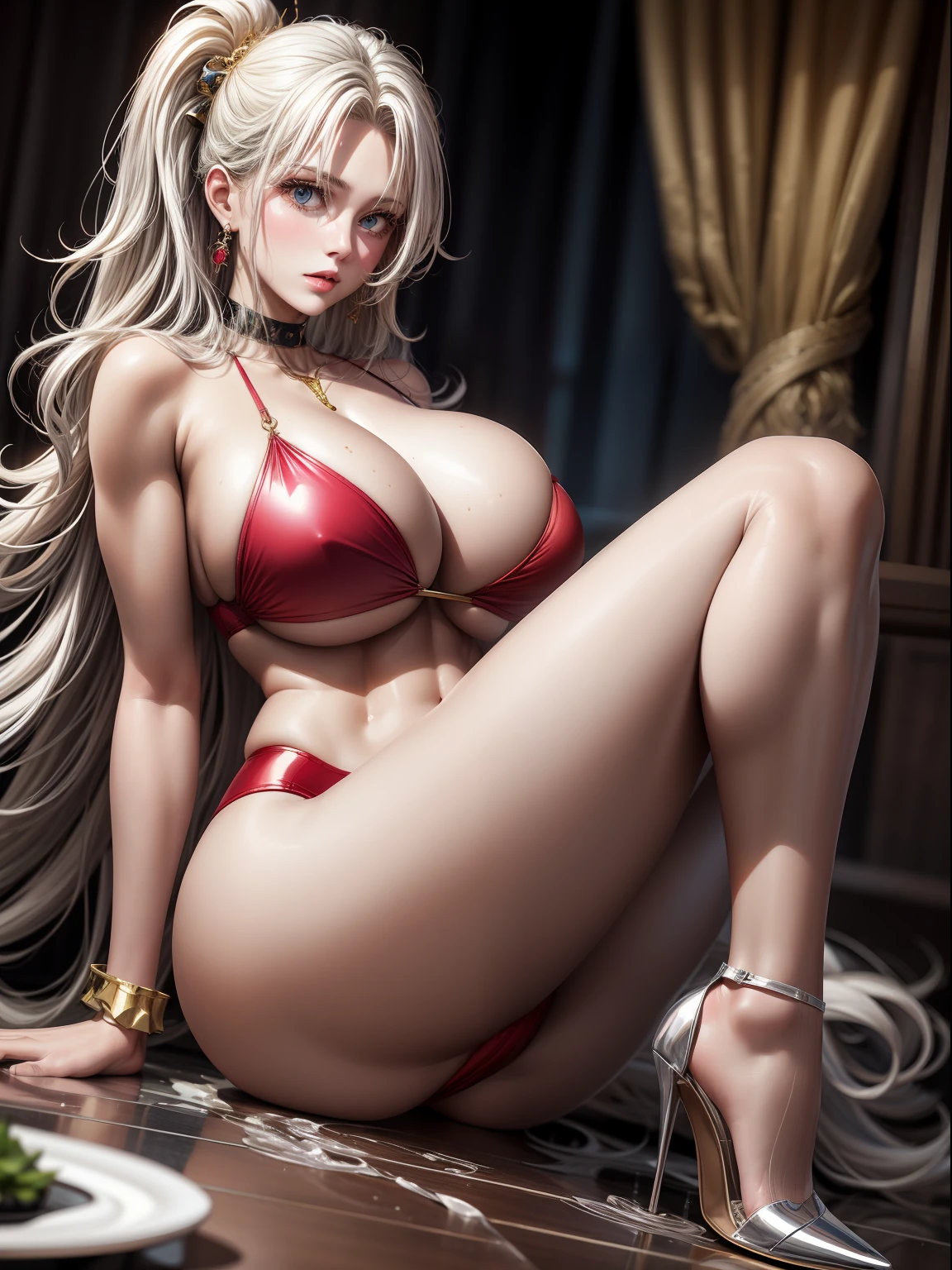 A large amount of transparent liquid spills,((wavy white long hair):1.3,beatiful detailed eyes,Perfect proportions,eyes with brightness,The face is red,Very red,Very shy,choker necklace,ear jewelry,Pink and moist lips),1 Sexy big beauty,Bedrooms,Big bed,Sexy backless sweater,Elegant and beautiful hairpins,White wavy curls,Bare-legged and high heels,spread their legs,a large amount of fluid is overflowing,endure,agony,((8K,tmasterpiece,realisticlying),(Hyper-detailing,Ultra-clear,naturey,),The woman is right in front of the camera,(gigantic cleavage breasts,Heavy breasts,Big abs,Fitness buttocks,Slender beautiful legs,Stretch meat,Fair and moisturized skin