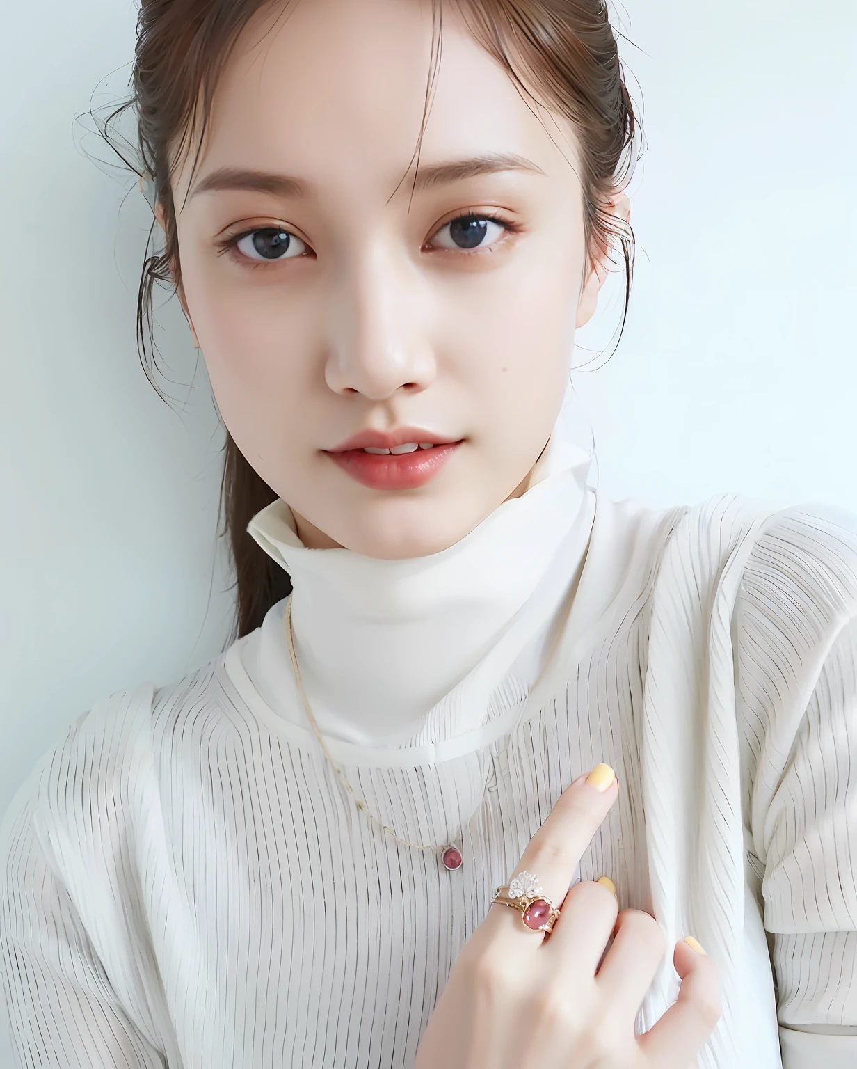 Close-up of a woman in a white turtleneck, dilraba dilmurat, ulzzangs, xintong chen, Gorgeous young Korean woman, young cute wan asian face, shaxi, Beautiful young Korean woman, 8K)), lulu chen, a cute young woman, yanjun cheng, with cute - fine - face, Li Zixin