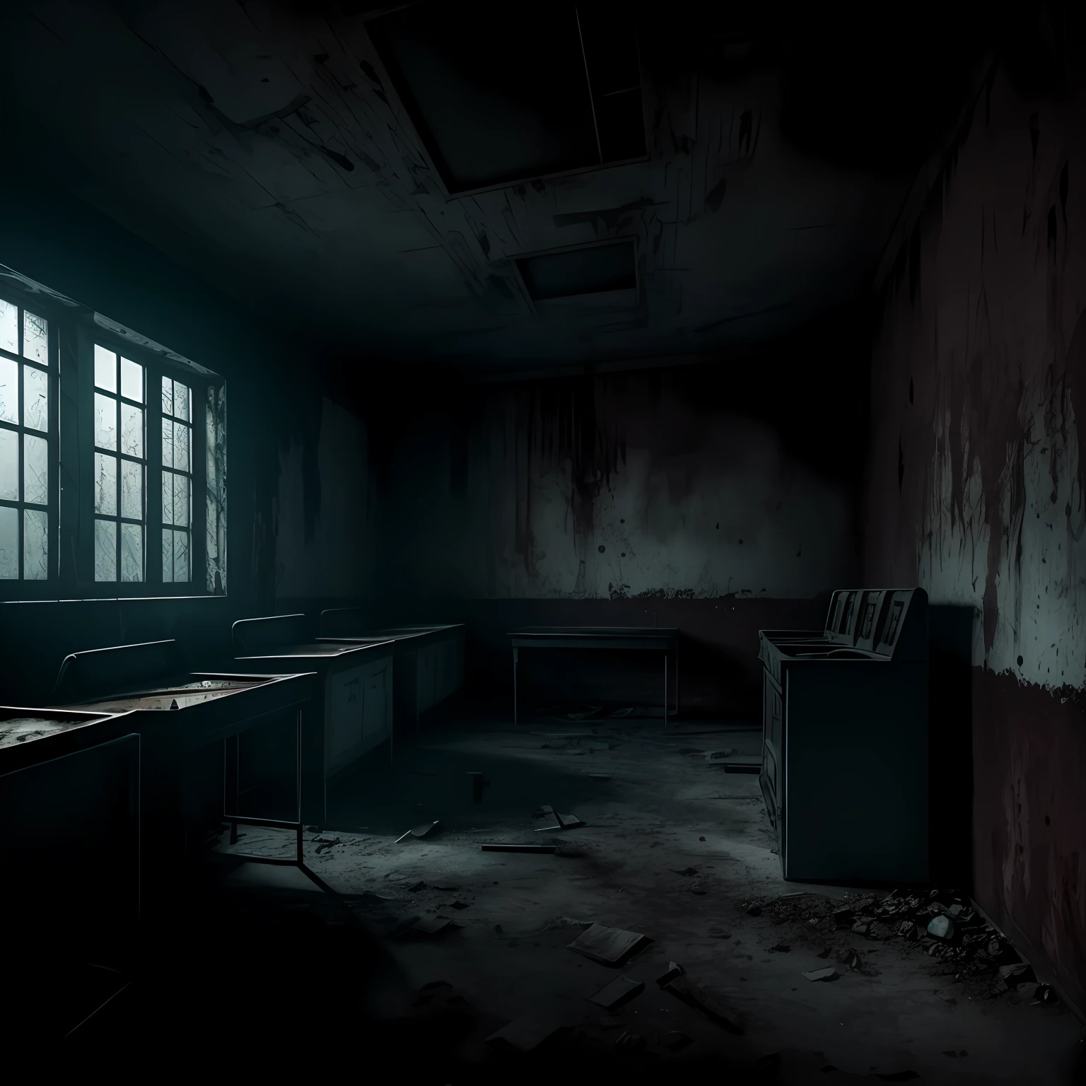 create a creepy horror boiler room in the night, empty, abandoned school, ruined forniture, dark background, no lights, night, dirty. 8k, realistic , very detailed, sharp focus, top quality, masterpiece, photographic --auto