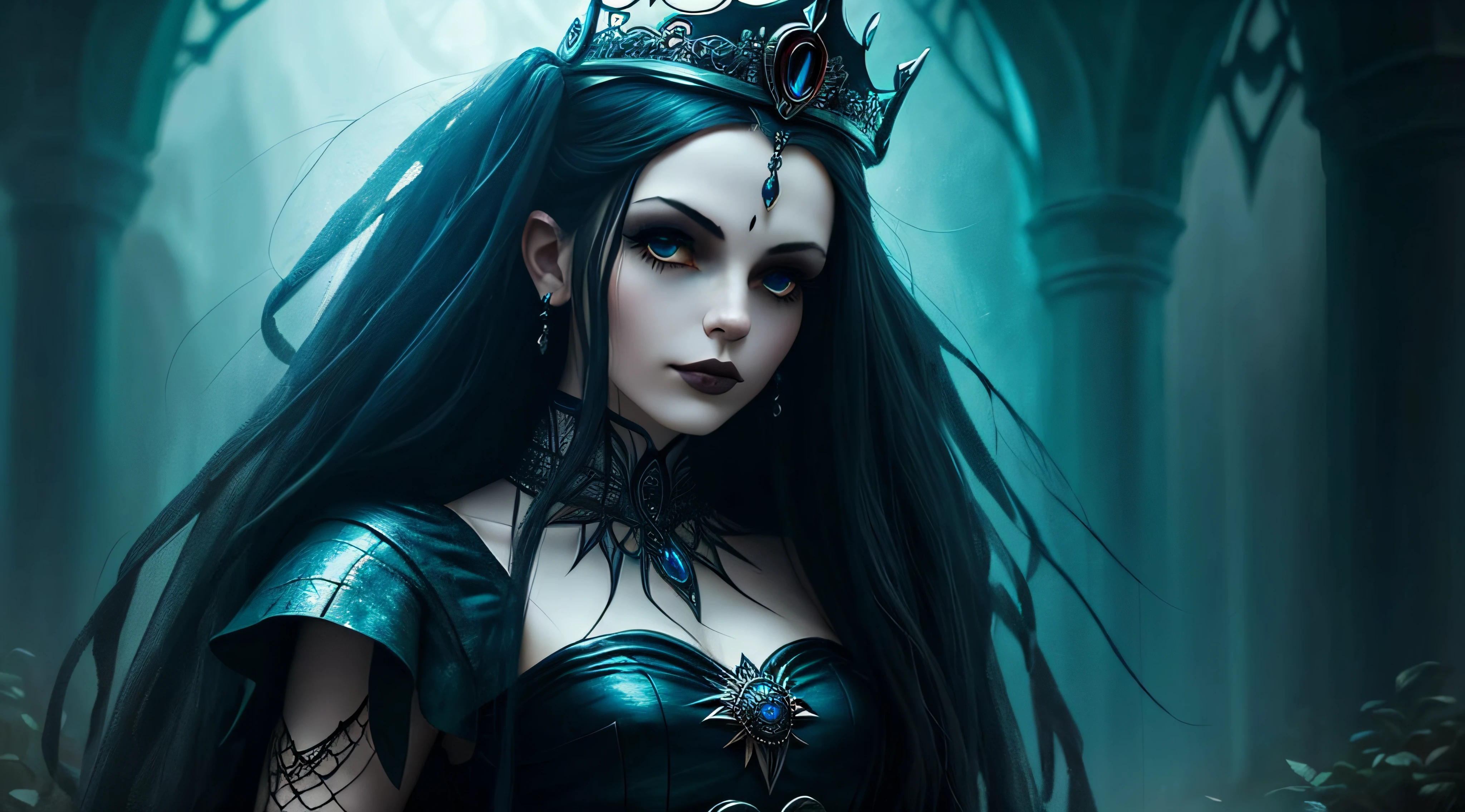 a close up of a woman wearing a crown and a black dress, dark fantasy style art, fantasy art style, a beautiful fantasy empress, epic fantasy art style hd, ((a beautiful fantasy empress)), epic fantasy art style, gothic princess portrait, gothic fantasy art, digital 2d fantasy art, beautiful and elegant