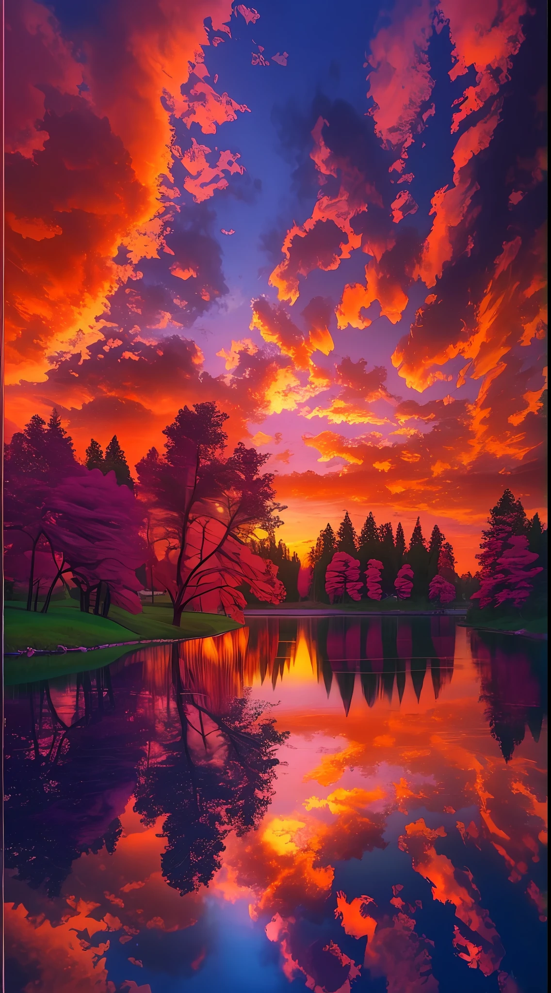 there is a beautiful sunset with a lake and trees in the background, colorful skies, surreal colors, colorful sunset, colorful sky, marvellous reflection of the sky, stunning sky, dream like atmosphere 8k, colorful clouds, colors reflecting on lake, surreal sky, red and blue reflections, fire reflection, beautiful sky, beautiful and spectacular dusk, beautiful dreamy landscape, amazing sky