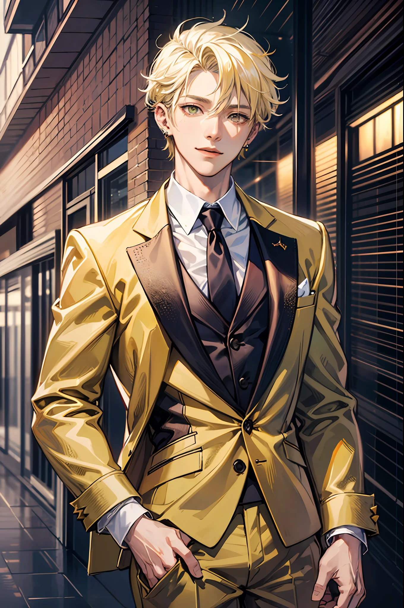 （absurderes，A high resolution，ultra - detailed，HDR），tmasterpiece，best qualtiy，1boy，handsome，Yellow hair，Fine eyes and detailed face，Business suit，（Pale and white skin），ear studs，ssmile，Riman，full-body view
