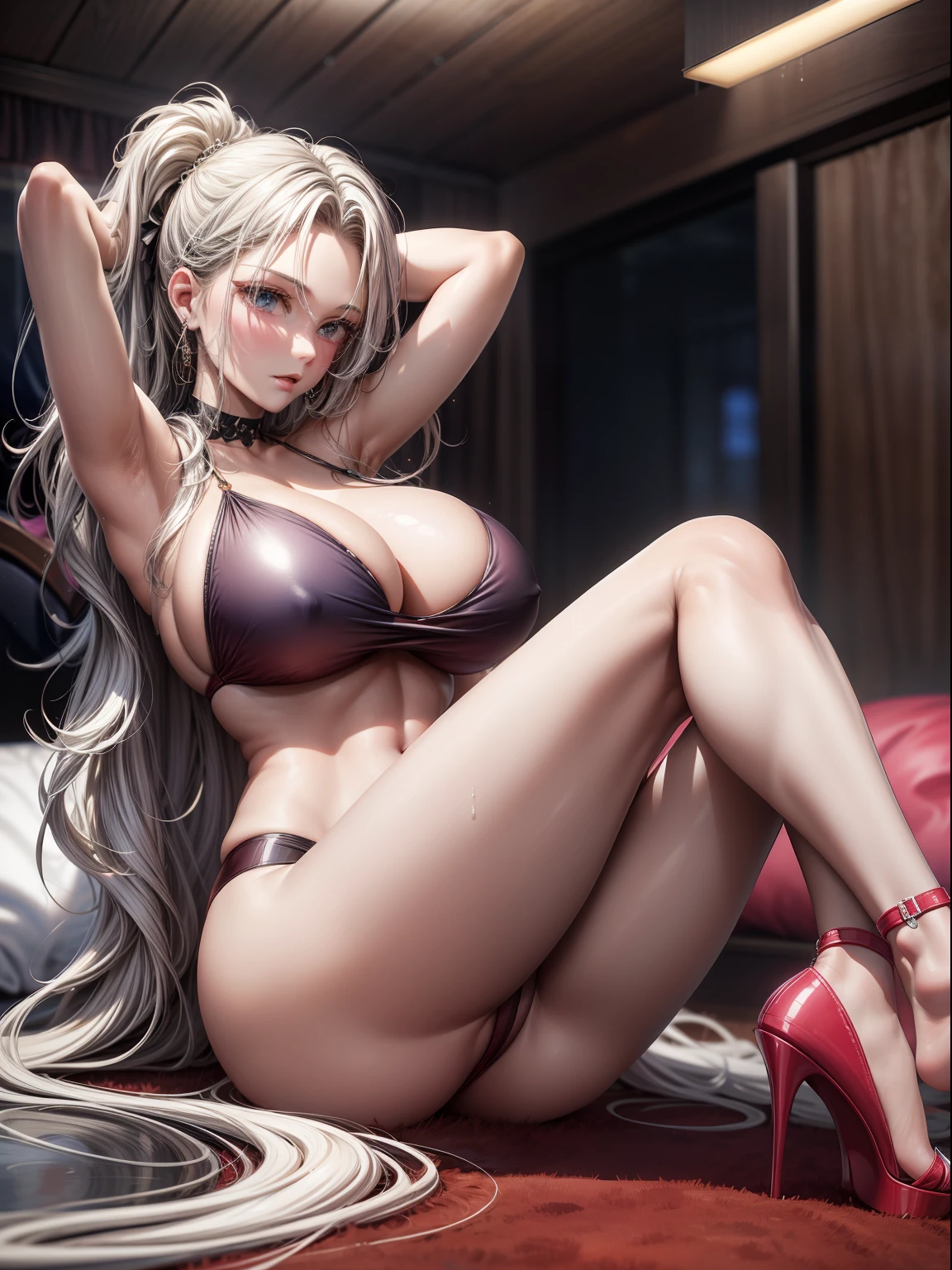 A large amount of transparent liquid spills,((wavy white long hair):1.3,beatiful detailed eyes,Perfect proportions,eyes with brightness,The face is red,Very red,Very shy,choker necklace,ear jewelry,Pink and moist lips),1 Sexy big beauty,Bedrooms,Big bed,Sexy backless sweater,Elegant and beautiful hairpins,White wavy curls,Bare-legged and high heels,spread their legs,a large amount of fluid is overflowing,endure,agony,((8K,tmasterpiece,realisticlying),(Hyper-detailing,Ultra-clear,naturey,),The woman is right in front of the camera,(gigantic cleavage breasts,Heavy breasts,Big abs,Fitness buttocks,Slender beautiful legs,Stretch meat,Fair and moisturized skin
