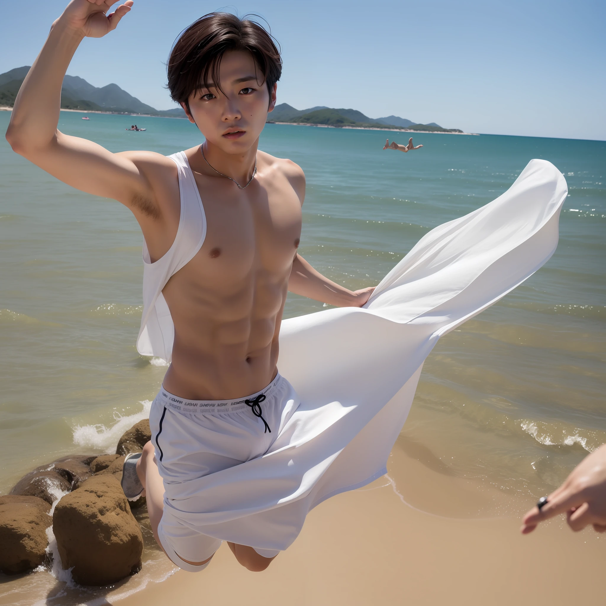 Korean male actor、Mare、Jumping、A delightful、sand beach