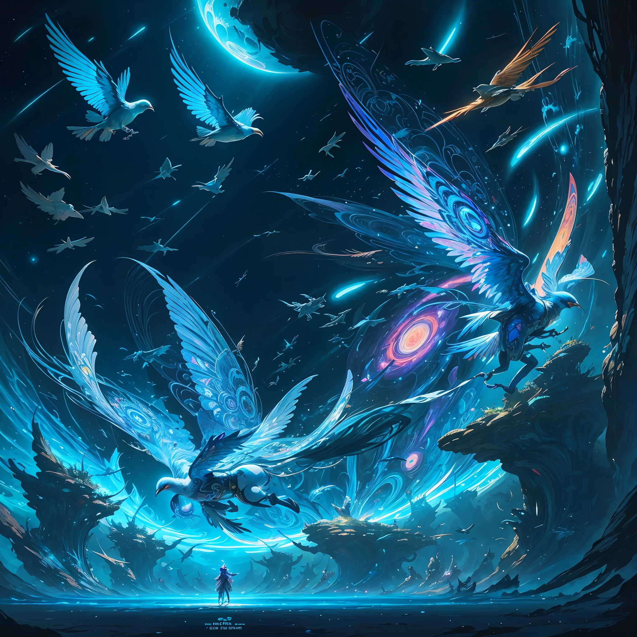 A painting of birds flying over a blue background, psytrance artwork, A beautiful artwork illustration, Official artwork, dreamy psychedelic anime, full art, anime art nouveau cosmic display, shmup, Dan Mumford and Alex Gray style, spirit fantasy concept art, full art illustration, visionary art style, Album cover by Trance DJ, Detailed cover artwork --auto