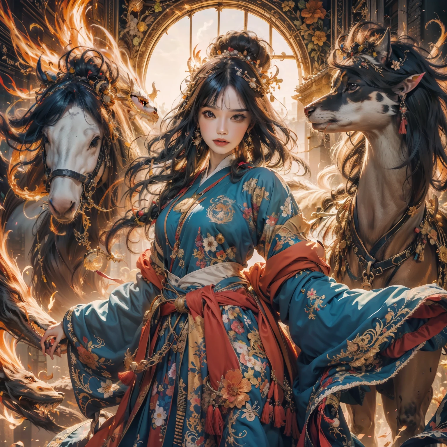 Official Art, Unified 8k Wallpapers, Ultra Detailed, Beautiful Beauty, Beautiful, Masterpiece, Best Quality, (Zentangle, Mandala, Tangled, Entangle), (Flower Ecstasy: 1.2) Dynamic Angle, Cowboy Shot, Most Beautiful Chaotic Forms, Elegance, Fauvist Design, Bright Colors, Romanticism, Atmosphere, Golden Crow, Sun God Bird, Bird on Fire, No Human