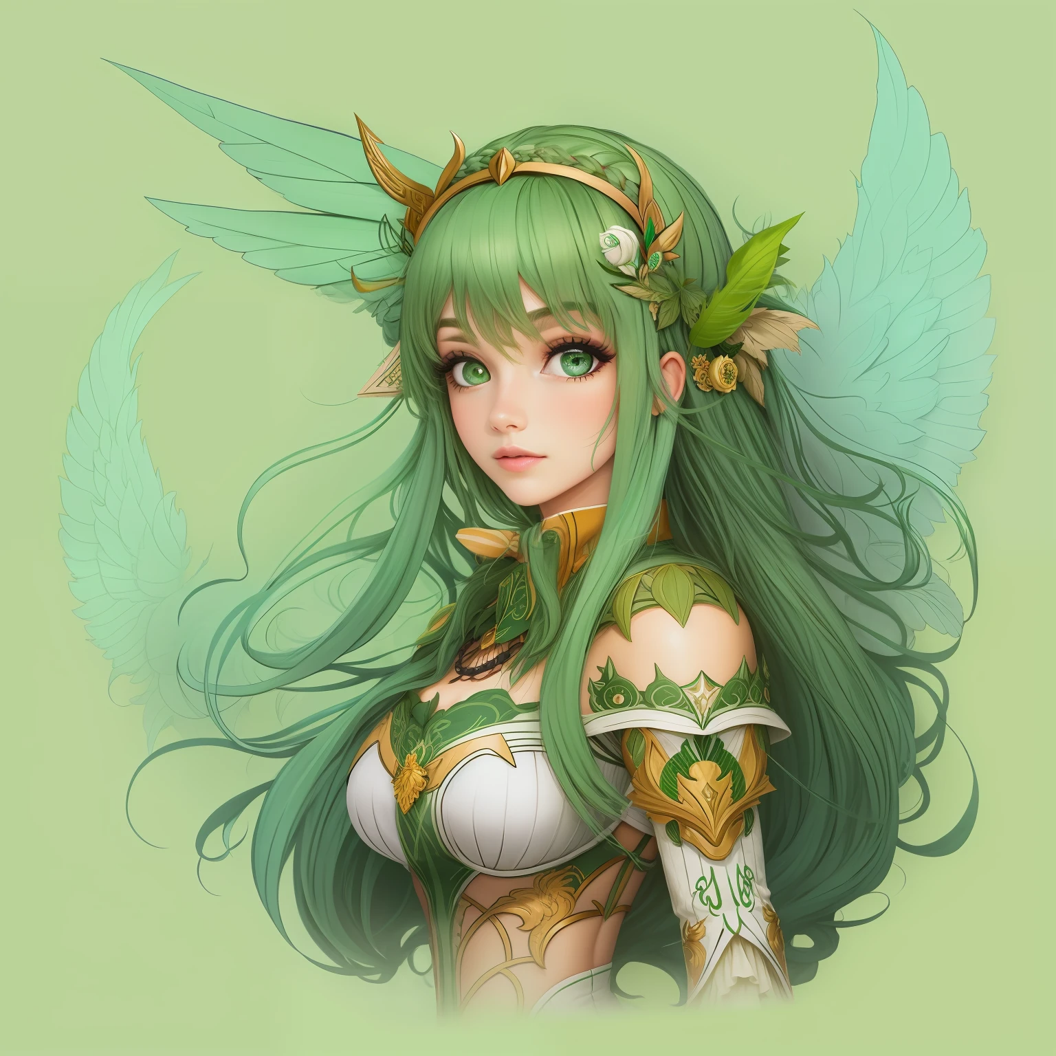 uma mulher cabelo verde,olhos verde asas dourada