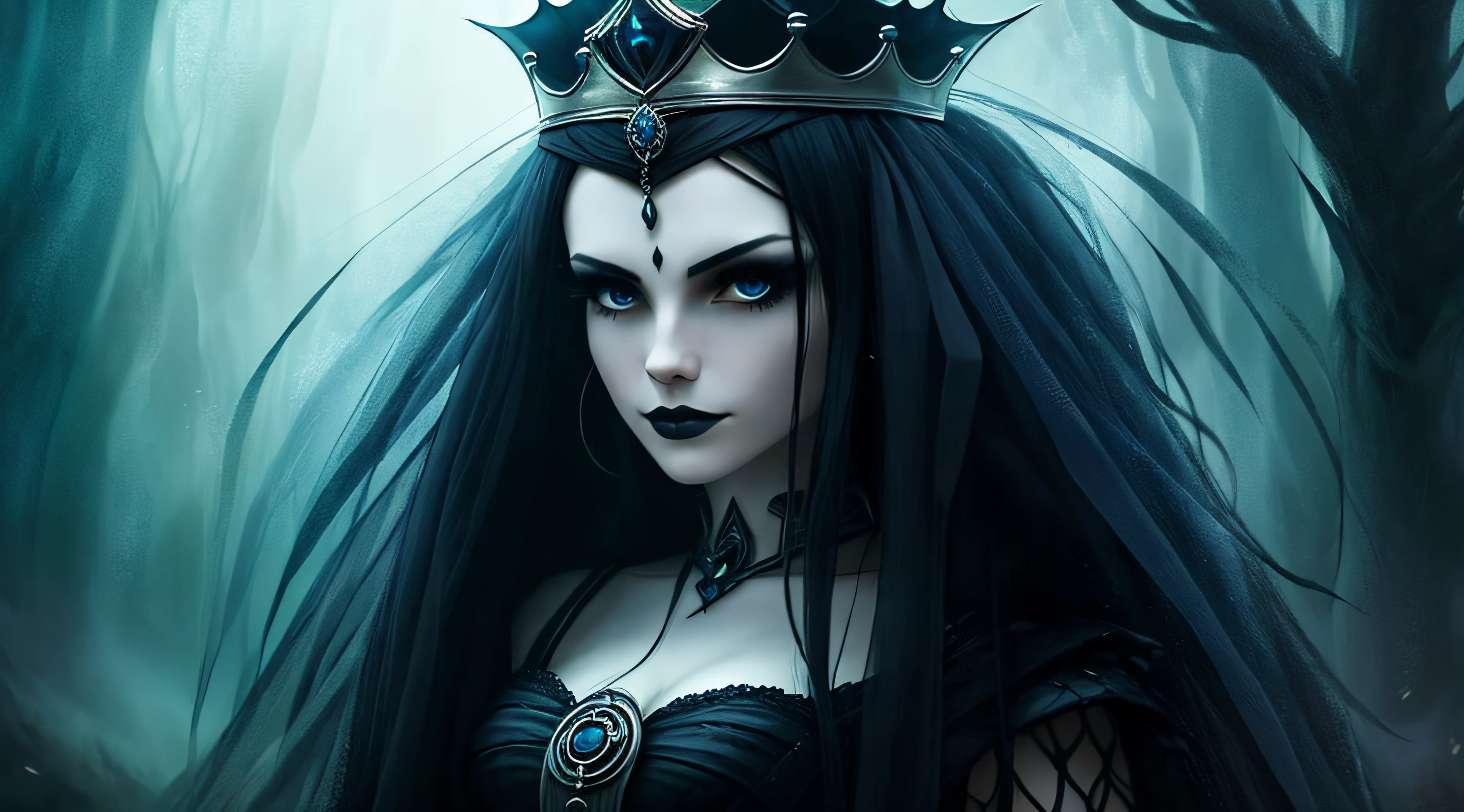 a close up of a woman wearing a crown and a black dress, dark fantasy style art, fantasy art style, a beautiful fantasy empress, epic fantasy art style hd, ((a beautiful fantasy empress)), epic fantasy art style, gothic princess portrait, gothic fantasy art, digital 2d fantasy art, beautiful and elegant