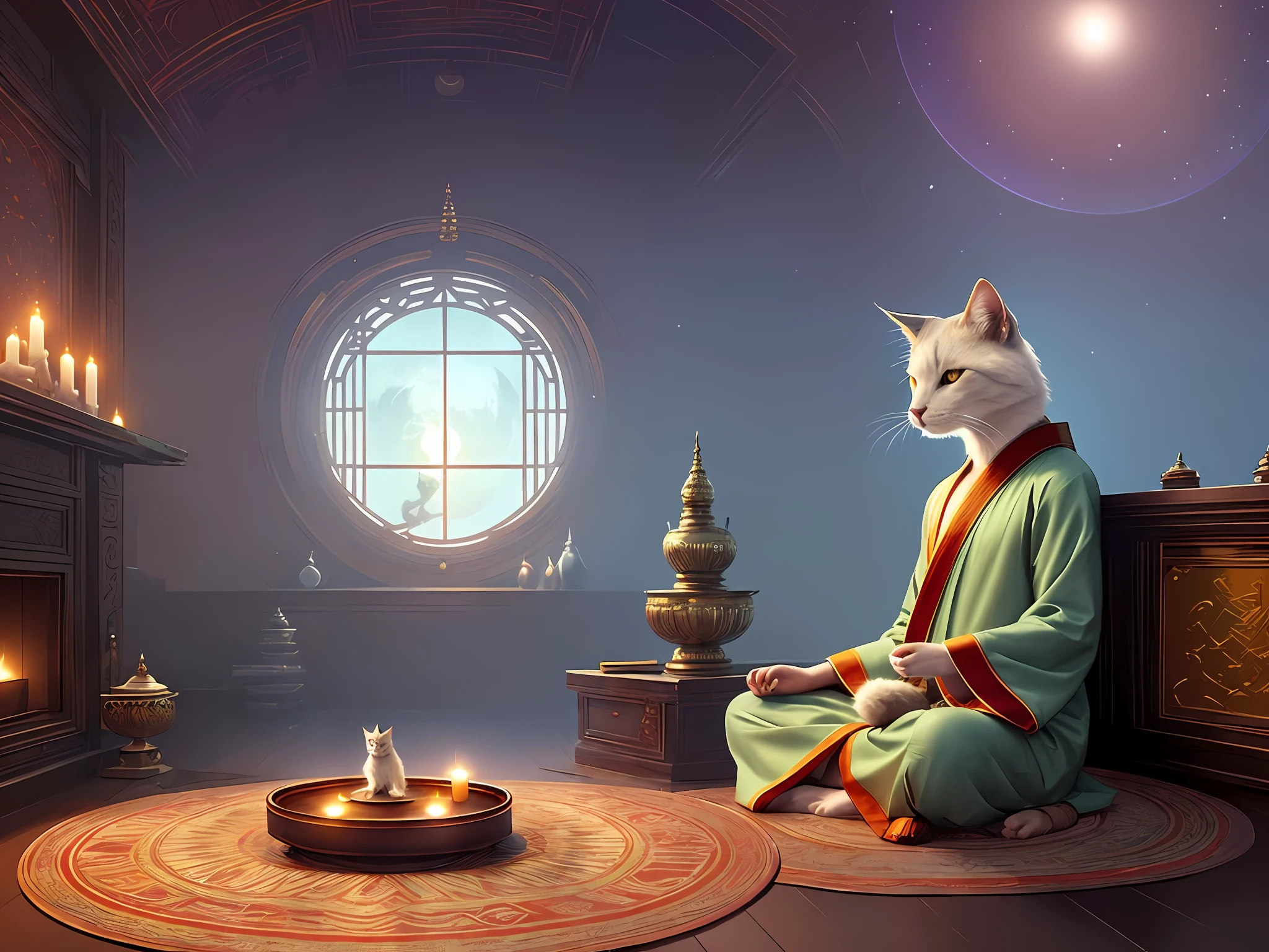 A furry cat meditates, Buddhist robes, (are in the center:1.4), Universe, Dreamy, concept-art, Misty, elegant, Highly detailed, Greg Rutkowski's style, dim colors, soothing tones