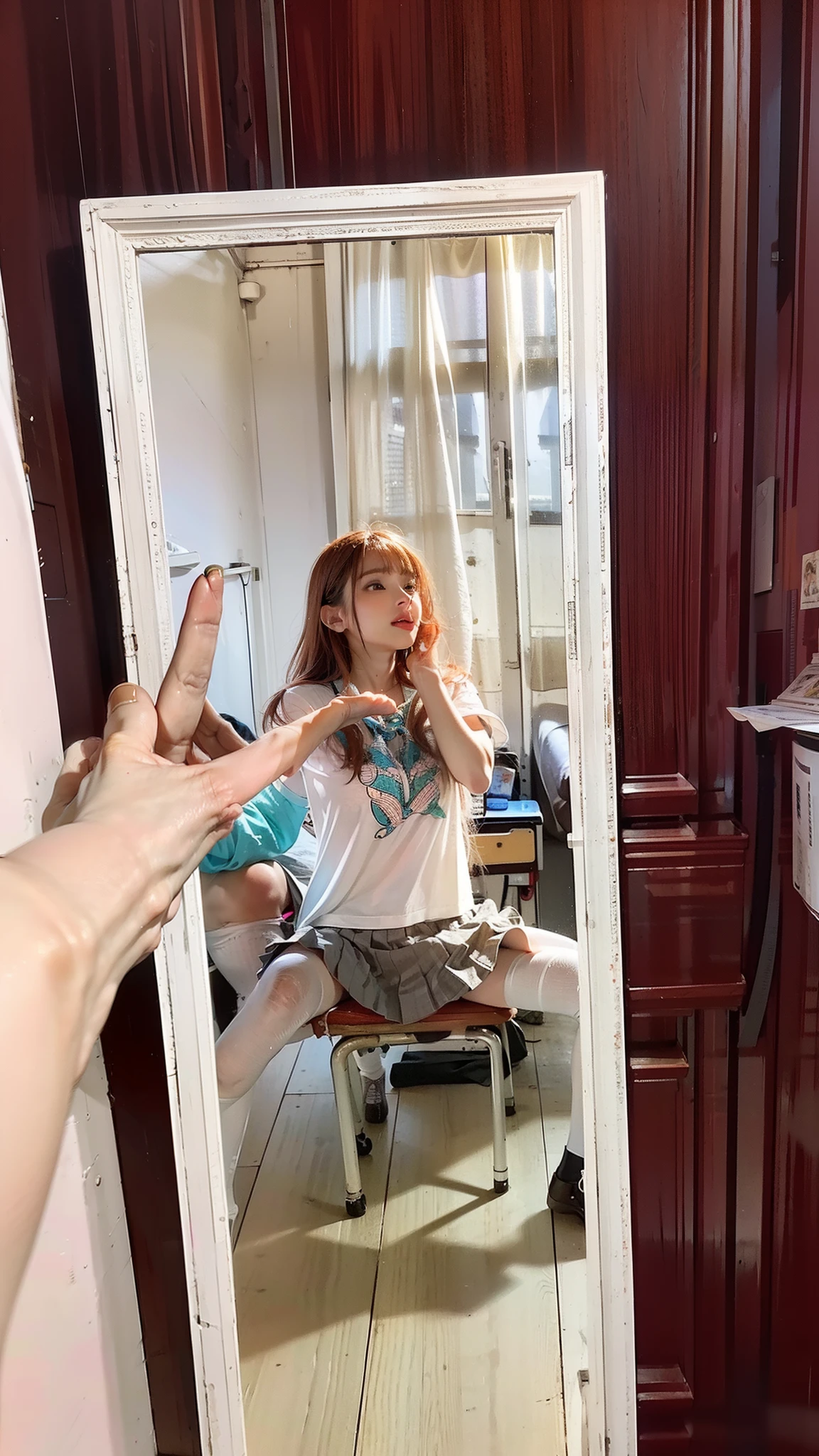 Ultra-realistic 8K CG, Perfect Face, Flawless, Clean, Masterpiece, Professional Artwork, Famous Artwork, Perfect Face, Beautiful Face, Beautiful Eyes, ((Perfect Female Body)), Solo, (Immersive Atmosphere, Chiaroscuro: 1.5, Bright Light: 1.2, Glow Illumination)
,,(blush: 0.5), seductive expression, extremely detailed_eyes, thick thighs, room,
Beautifully detailed background, depth of field, realistic: 1.3, long shot, 1 girl, shirt, pleated skirt, school uniform, sitting, full body,
(Ambient light: 1.3), (Film composition: 1.3), (Neon: 0.1), (HDR: 0.1), accent lighting, white pantyhose,