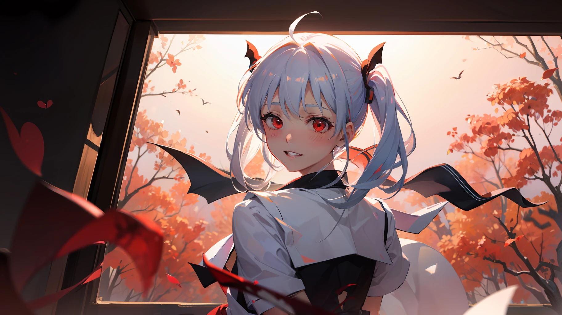 1girll, (Yandere:1.4), (Yandere trance:1.4), crazy, blood in face, back lit lighting, view the viewer, White hair, Red eyes, Blush, Smile, Jan Delai Simulator,
