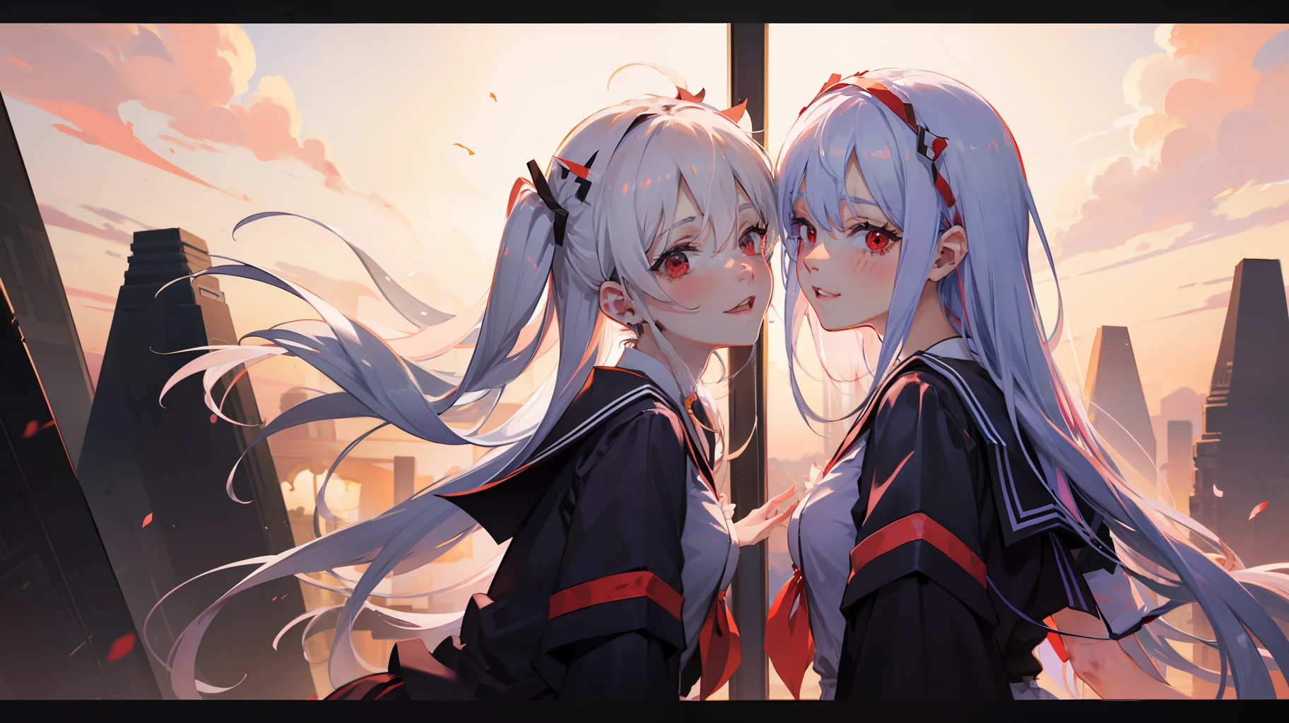 1girll, (Yandere:1.4), (Yandere trance:1.4), crazy, blood in face, back lit lighting, view the viewer, White hair, Red eyes, Blush, Smile, Jan Delai Simulator,