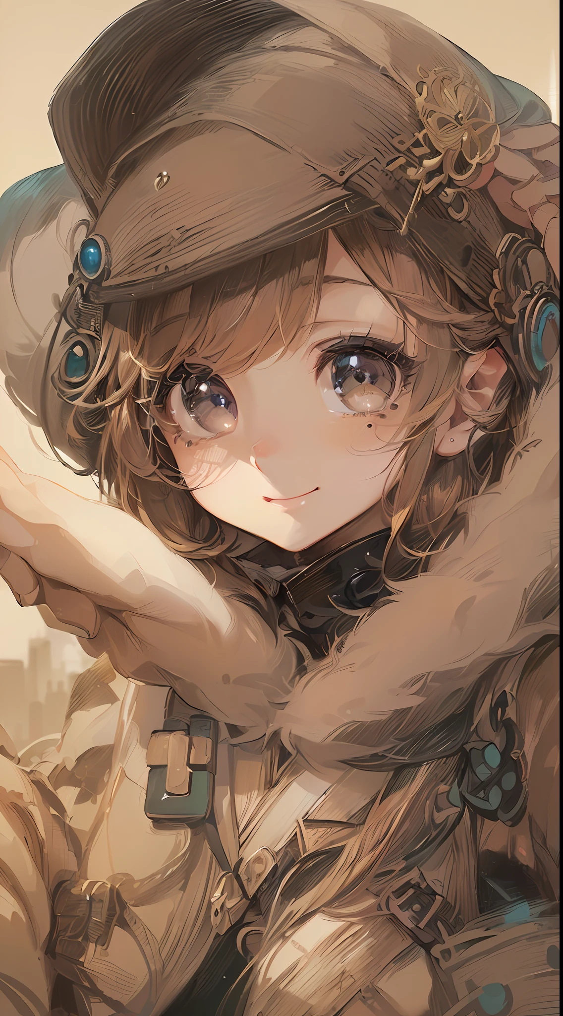 「(8k wallpaper:1.5)、(high-level image quality:1.3)、(animesque, illustratio:1.5)、(girl with、kawaii:1.8)、(beatiful detailed eyes:1.3)、(Detailed hand:1.8)、(A slight smil:1.1)、(sniper:1.5)、(Urban area:1.3)、(sepia, gradients:1.5)」