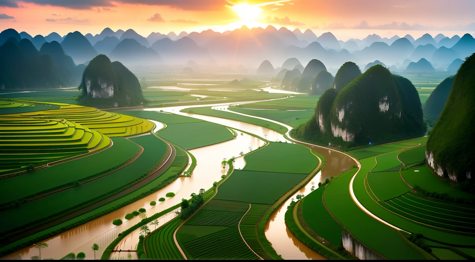 Beautiful views of the Chinese countryside and mountains, karst landscape, Chinese landscape, Chinese village, jungles of vietnam beautiful, hou china, karst landscape ; Wide shot, vietnam, very beautiful scenery, Stunning scenery, Valle encantador, paddy fields and river flowing, Breathtaking landscapes, very very beautiful scenery, guangjian, Picturesque, natural morning light