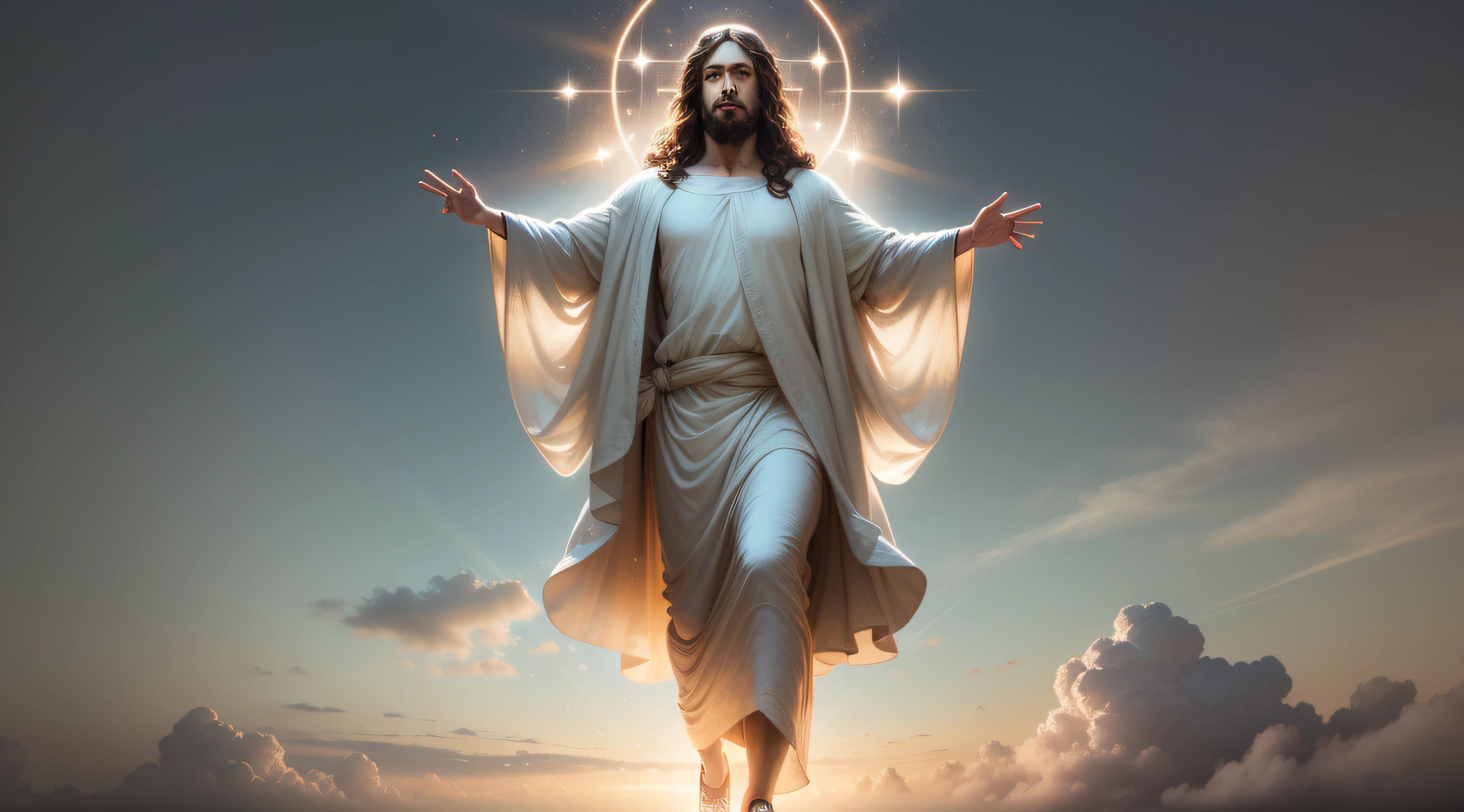 Jesus floating in the air on top of clouds with a light shining brightly on his face (ultra realistic, ultra quality)