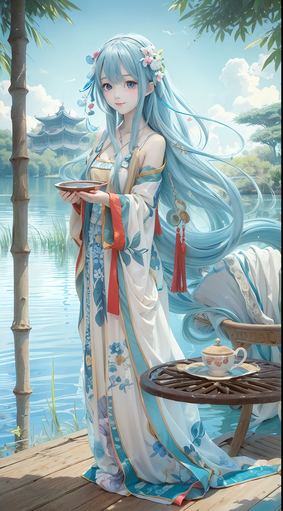 Masterpiece, Best Quality, Official Art, 8k Wallpaper, Very Detailed, Illustration, 1 Girl, Sky Blue Hair, Long Hair, Detailed Eyes, Forrest Gump, Bare Shoulders, Hanfu, Lake, Pure, Soft Smile, bamboo, tea