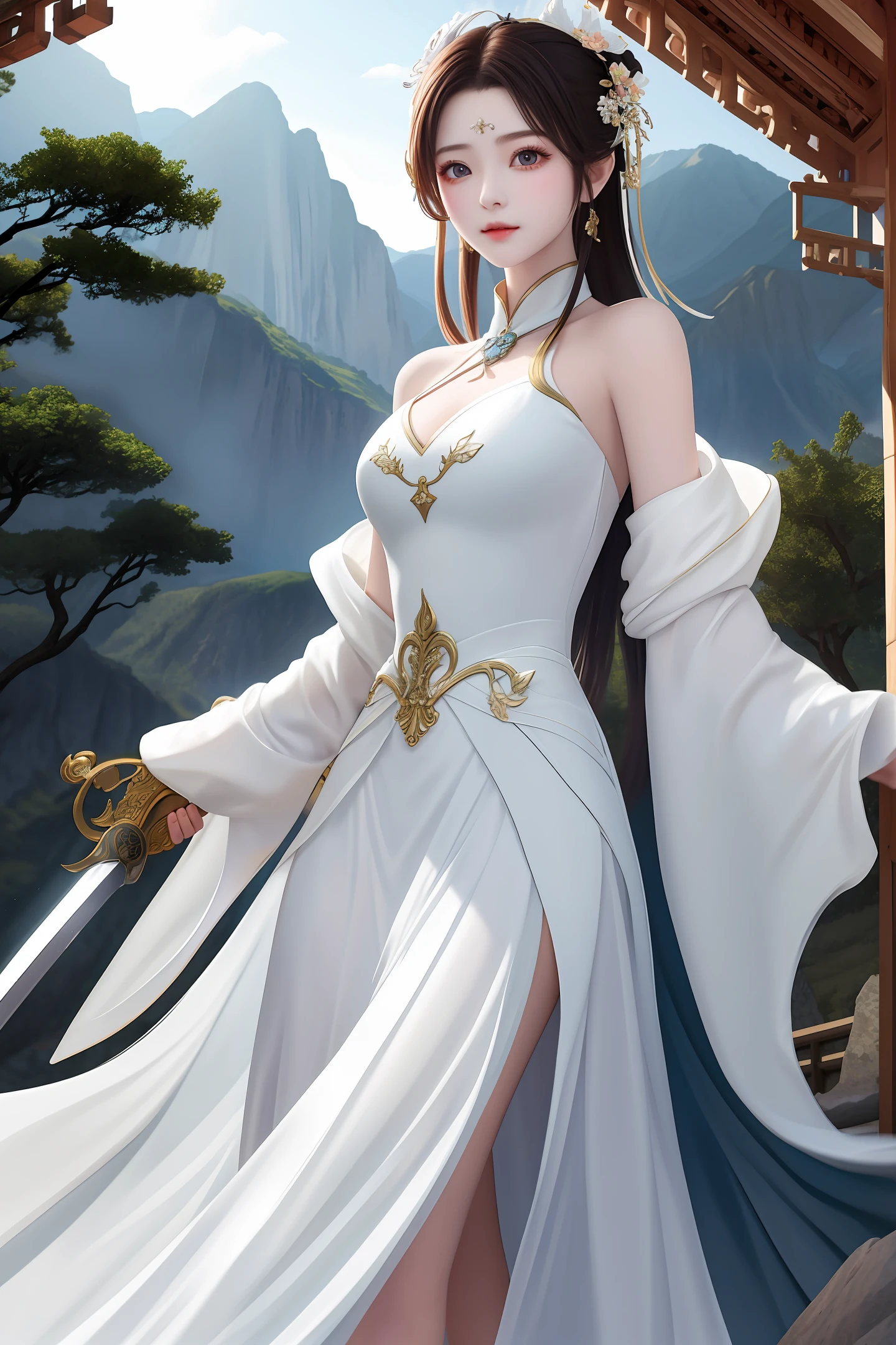 In the valley below the cliff, beautiful women in long white dresses with long swords in their hands like beams Xiaoice