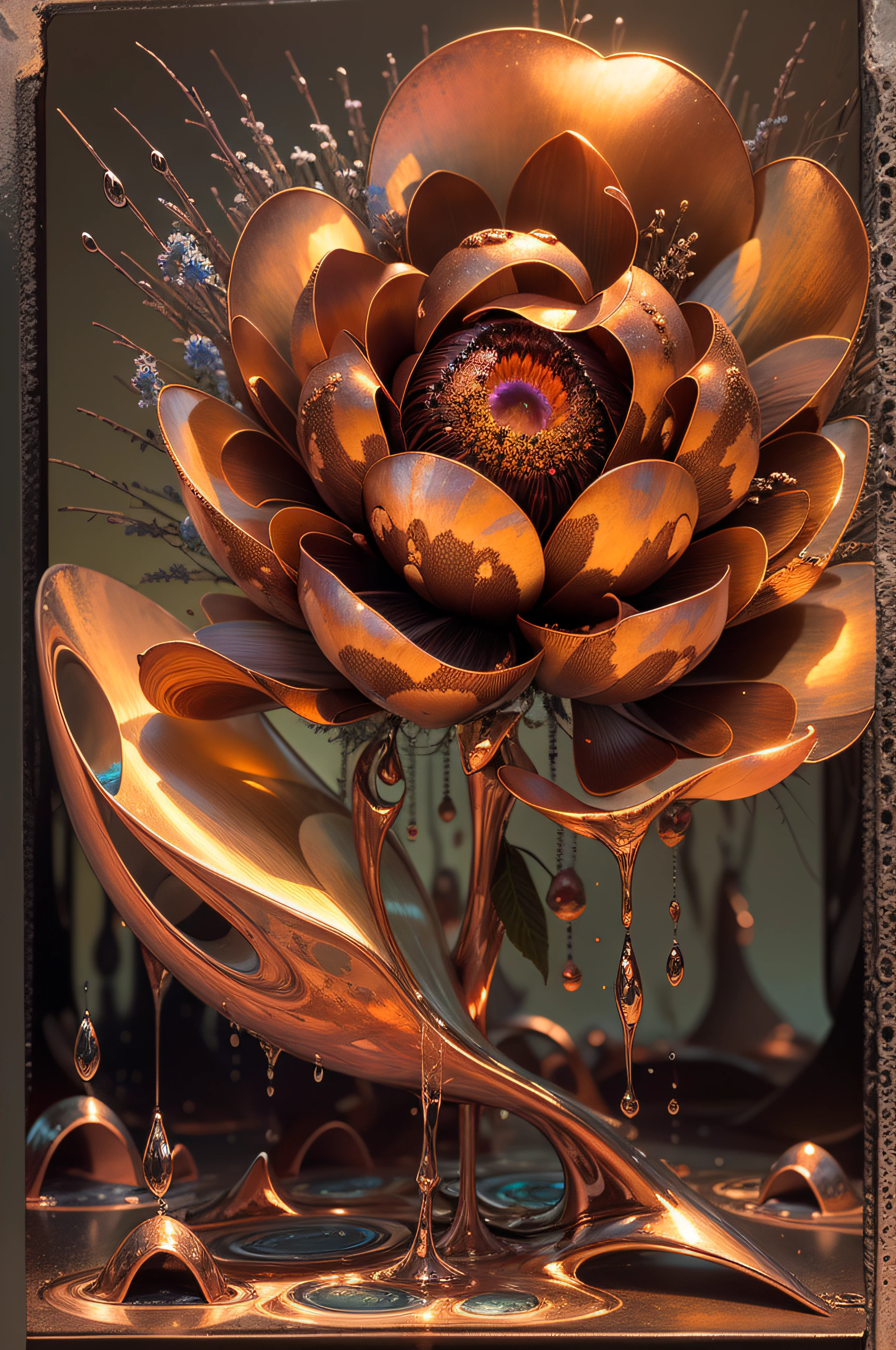 a copper flower opened, a drop of sunset is borning ::5 in style of philosophy surrealism ::4 surrealistic art, 32k, excellent quality, hyper-detailed
