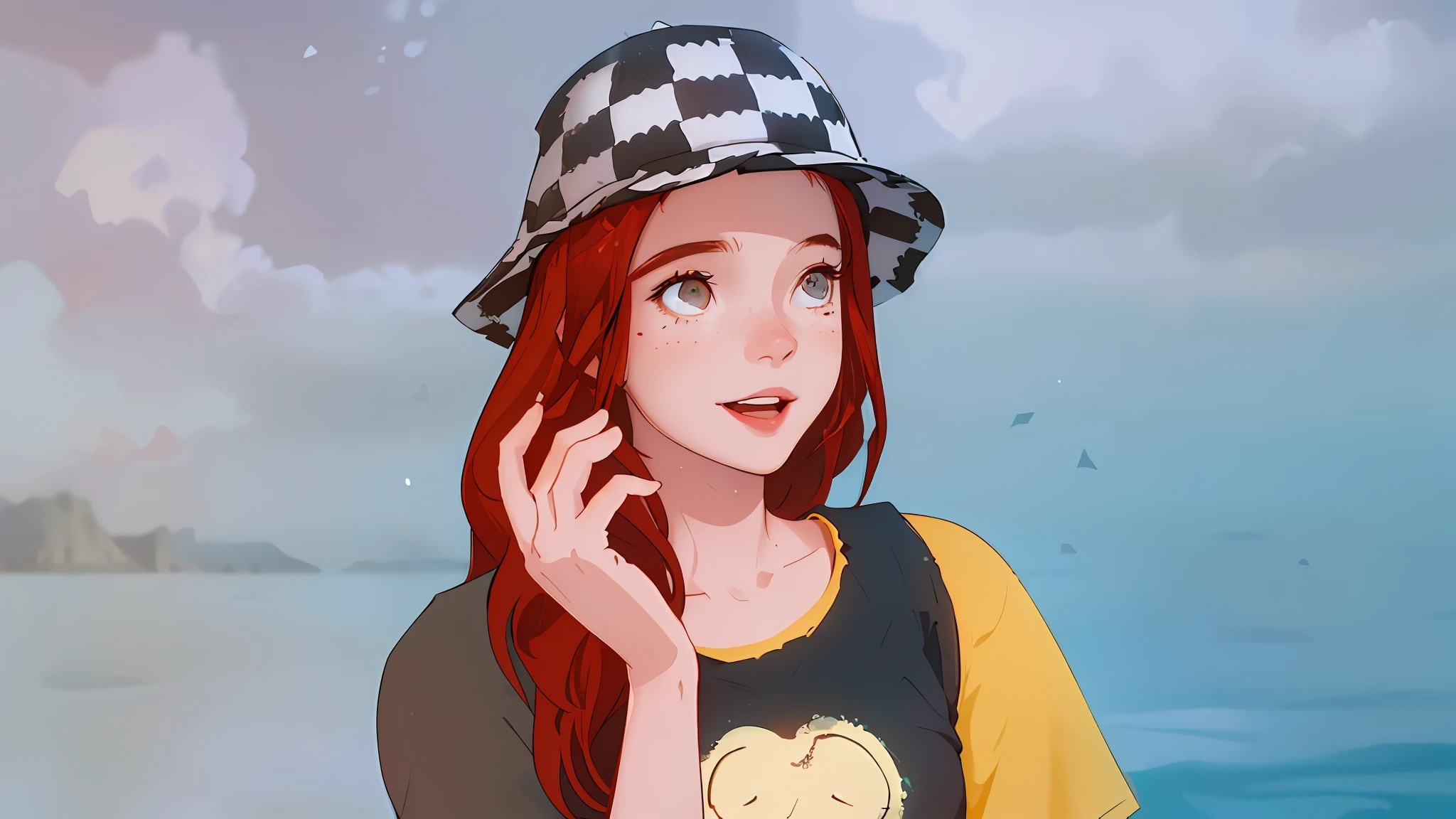 (Best quality at best,tmasterpiece),1girl,paw pose,ssmile,big laughter,the ocean,Short top,shorter pants,redheadwear,freckle,Be red in the face,looking at viewert,Wavy hair,clouds,spatter,wave,suns,mont