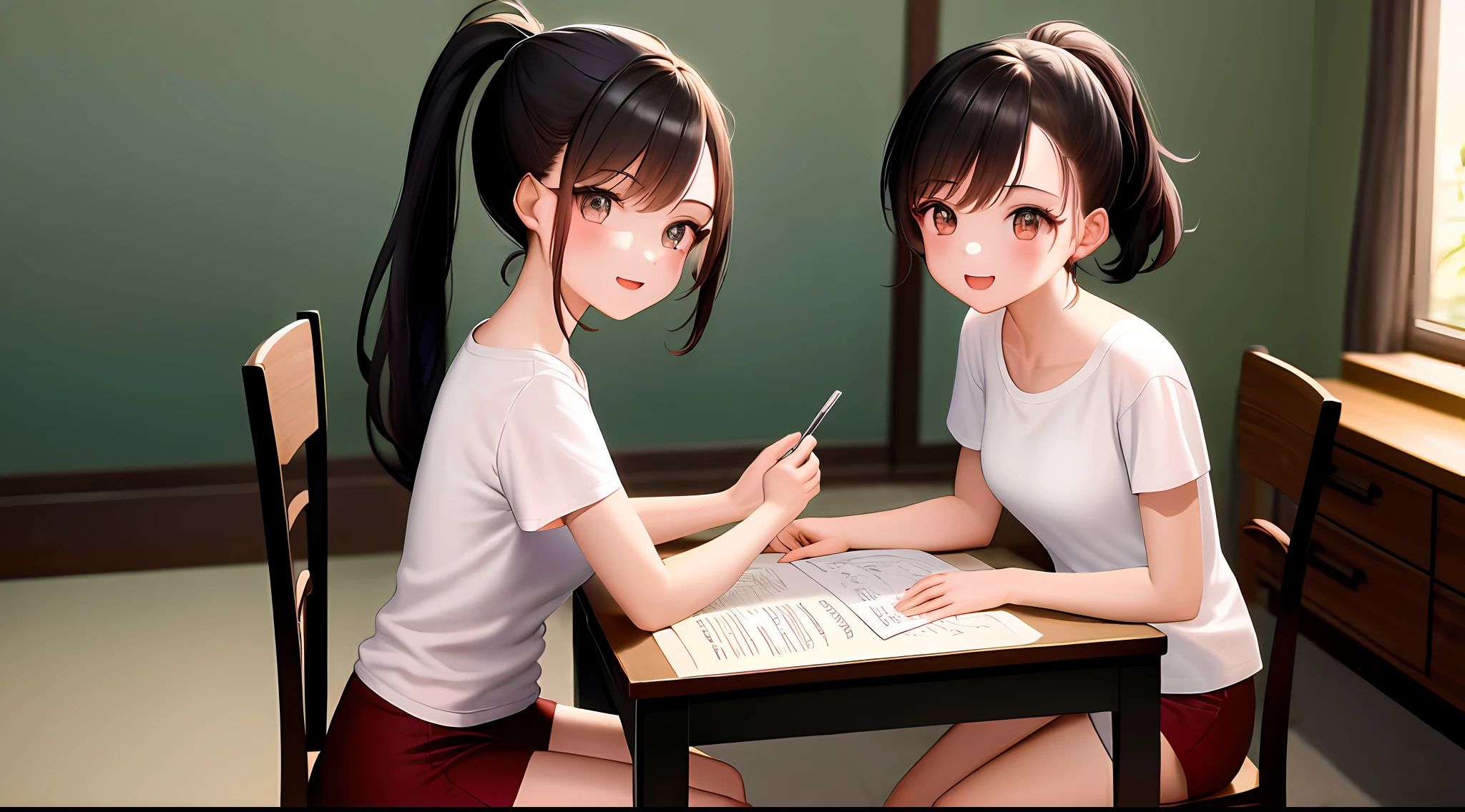 masterpiece, top-quality, hight resolution, a 1 girl, Loose white t-shirt、 Girl sitting on chair studying drafting at desk,、Beautie、Appeal、Frolic happily、Female, 20 years old、Have good eyes、High Ponytail、Unclear、Beautiful fece