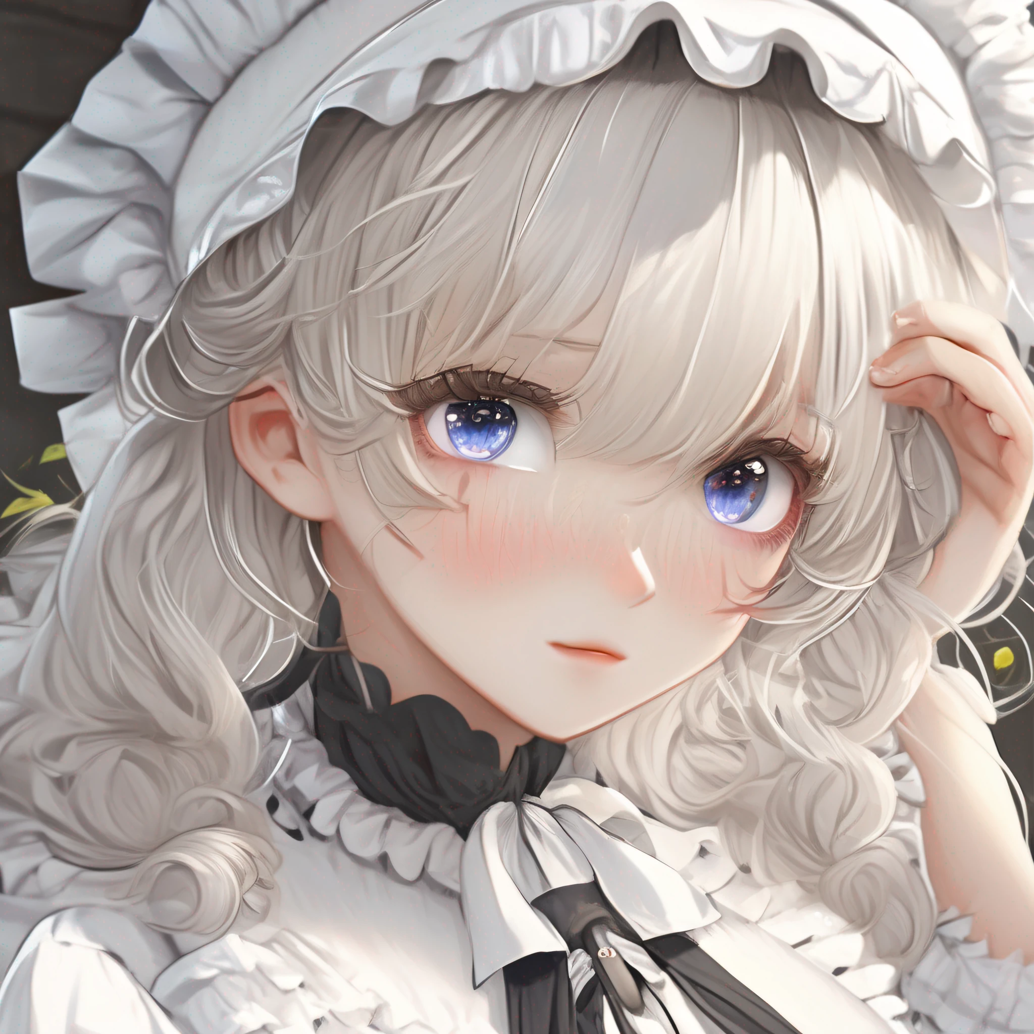 (hyperrealistic), (illustration), (high resolution), (8K), (extremely detailed), (best illustration), (beautiful detailed eyes), (best quality), (super detailed), (masterpiece), (wallpaper), (detailed face), solo, 1 girl, white wavy hair, korean, heterochromic eyes, small moles under the eyes, maid outfit, big breasts, long legs, tight abs, (camel toes), (black stockings), (no panties)