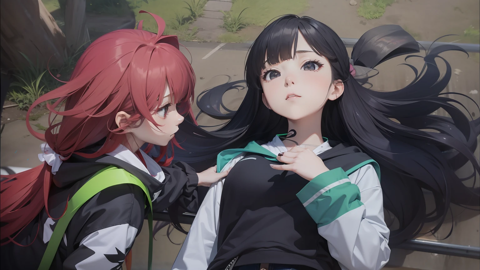 She's a little petite and、、、、、It has a slender physique. She has long red curly hair and a scrunchie behind her. She wears denim hot pants、I'm wearing a gray hoodie, Her feet are barefoot、time々I'm wearing flip flops.
