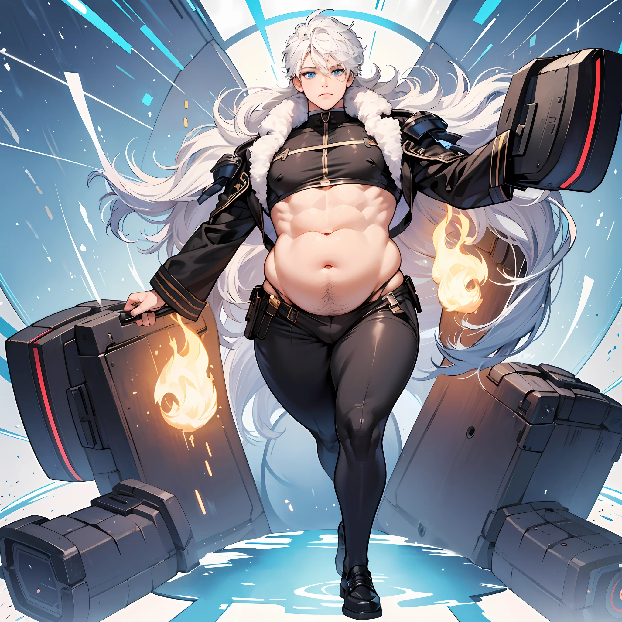 (masterpiece), best quality, expressive eyes, perfect face, 1 male, (fat), Full body, precise proportions, femboy, trap, bulge, flat chest, androgenous, chubby, large stomach, huge stomach, big belly, belly, white hair, curly hair, fluffy hair, hair bangs covering one side of the face, blue eyes, flat chested, thick thighs, standing, huge ass, wide hips. --auto