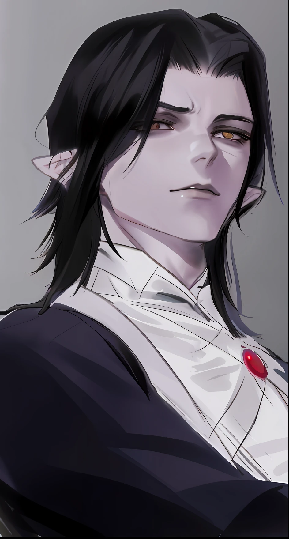 um close up de uma pessoa com um cabelo preto e uma camisa branca, Beautiful androgynous prince, delicate androgynous prince, cara bonito na arte demon slayer, androgynous vampire, handsome japanese demon boy, inspirado em Bian Shoumin, male vampire of clan banu haqim, 2 d arte, Arte 2D, sebastian michaelis
